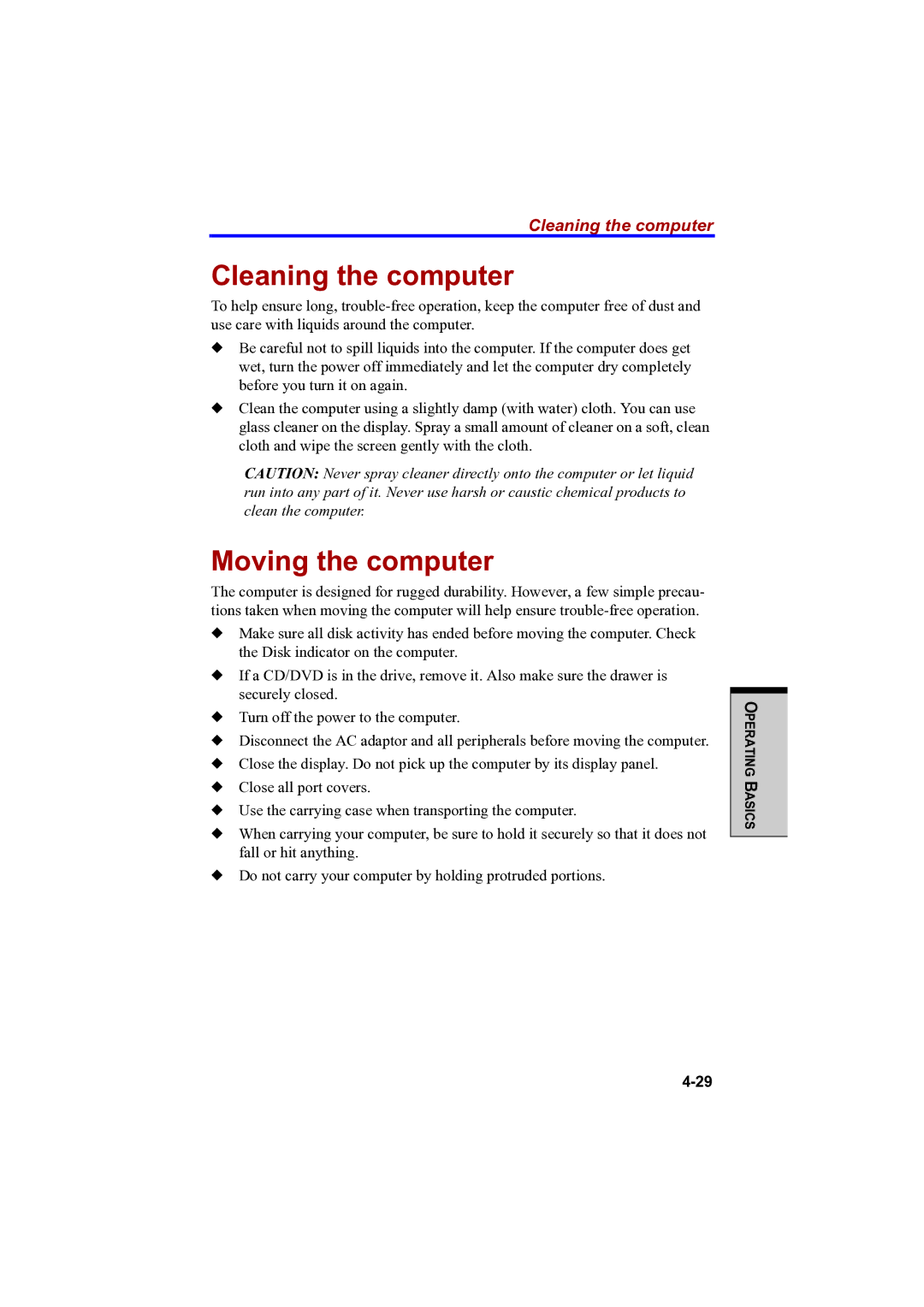 Toshiba PTA42 user manual Cleaning the computer, Moving the computer 