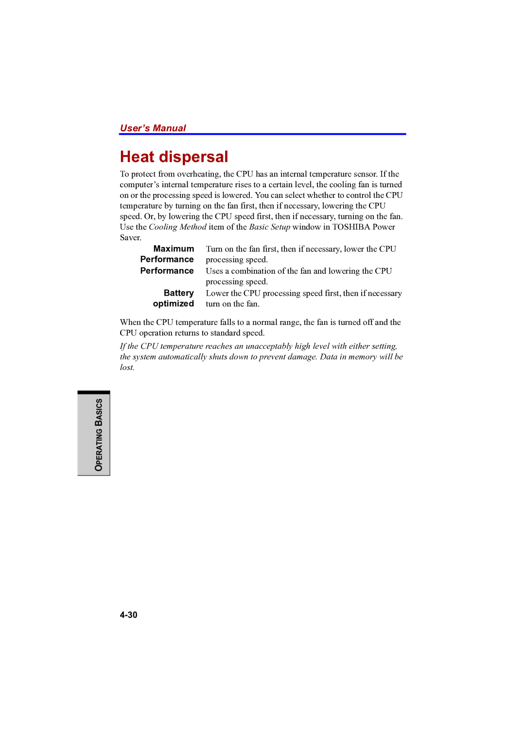 Toshiba PTA42 user manual Heat dispersal, Maximum, Battery, Optimized 