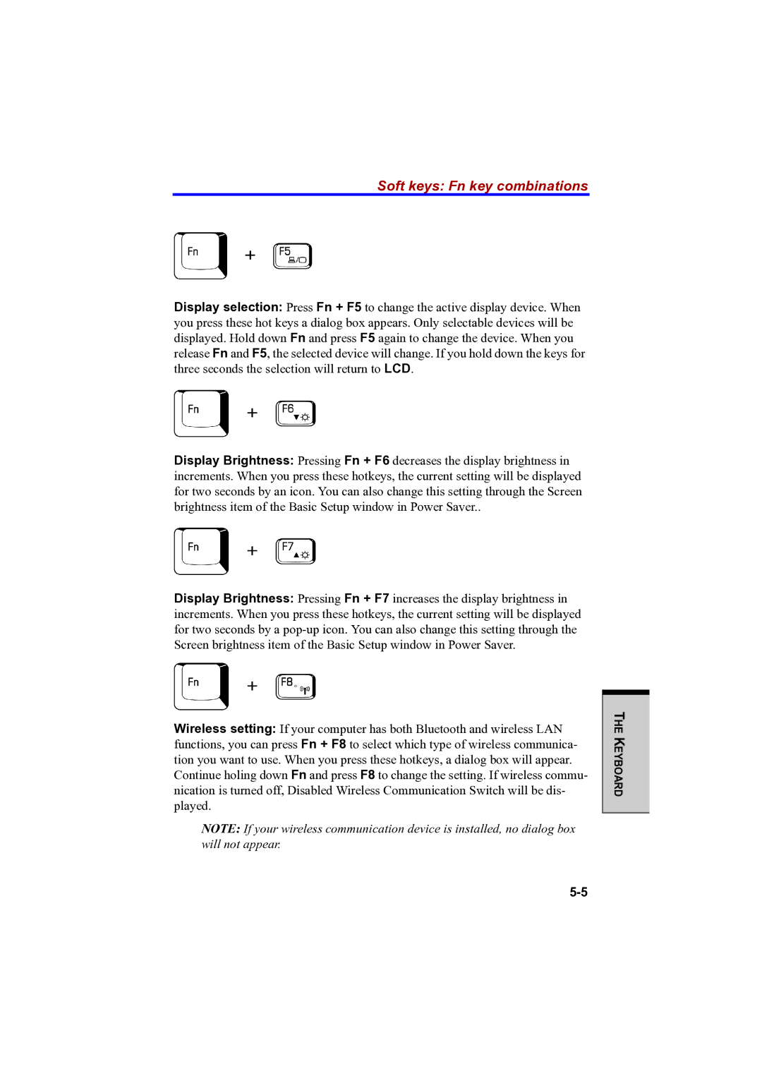 Toshiba PTA42 user manual Soft keys Fn key combinations 