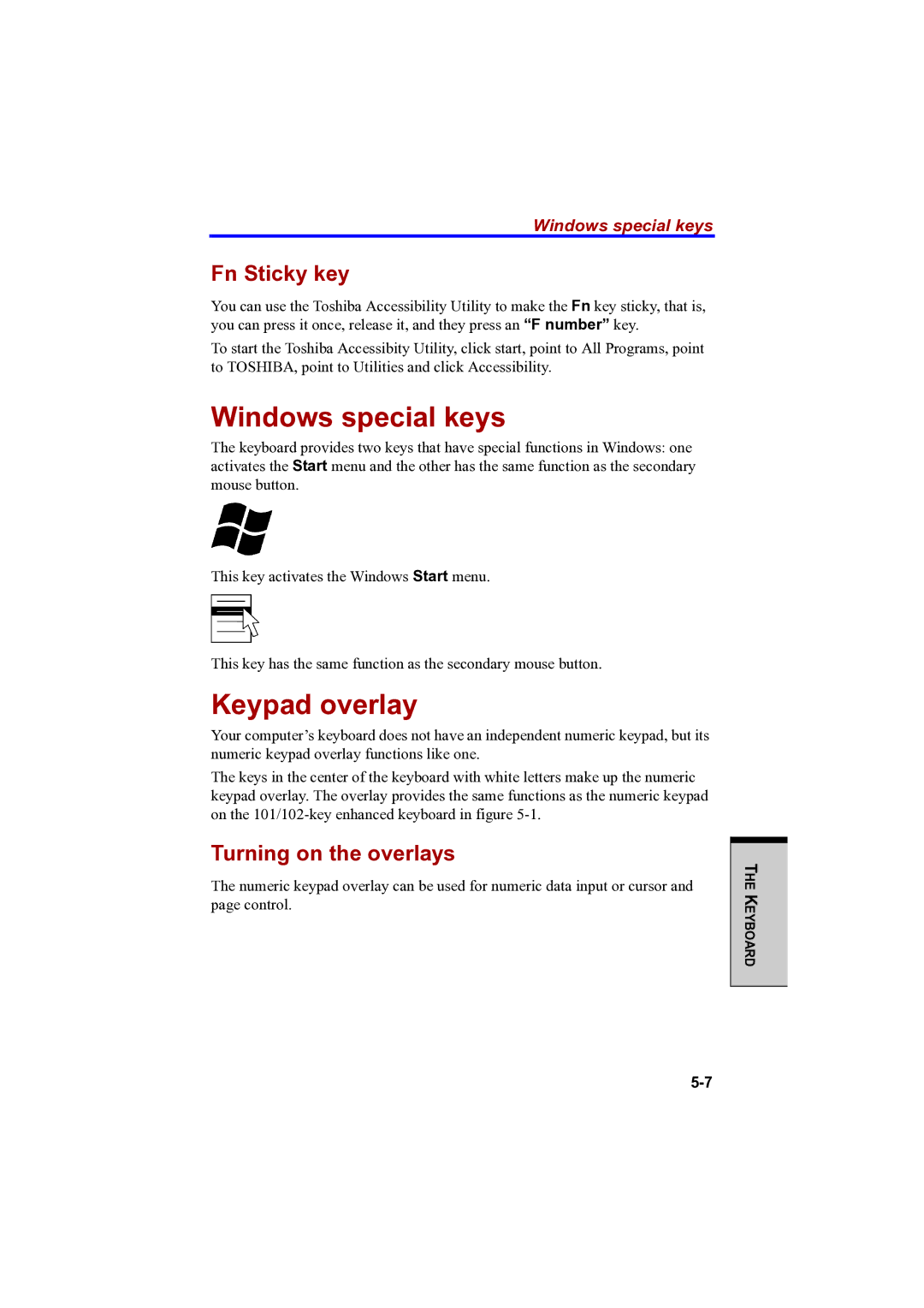 Toshiba PTA42 user manual Windows special keys, Keypad overlay, Fn Sticky key, Turning on the overlays 