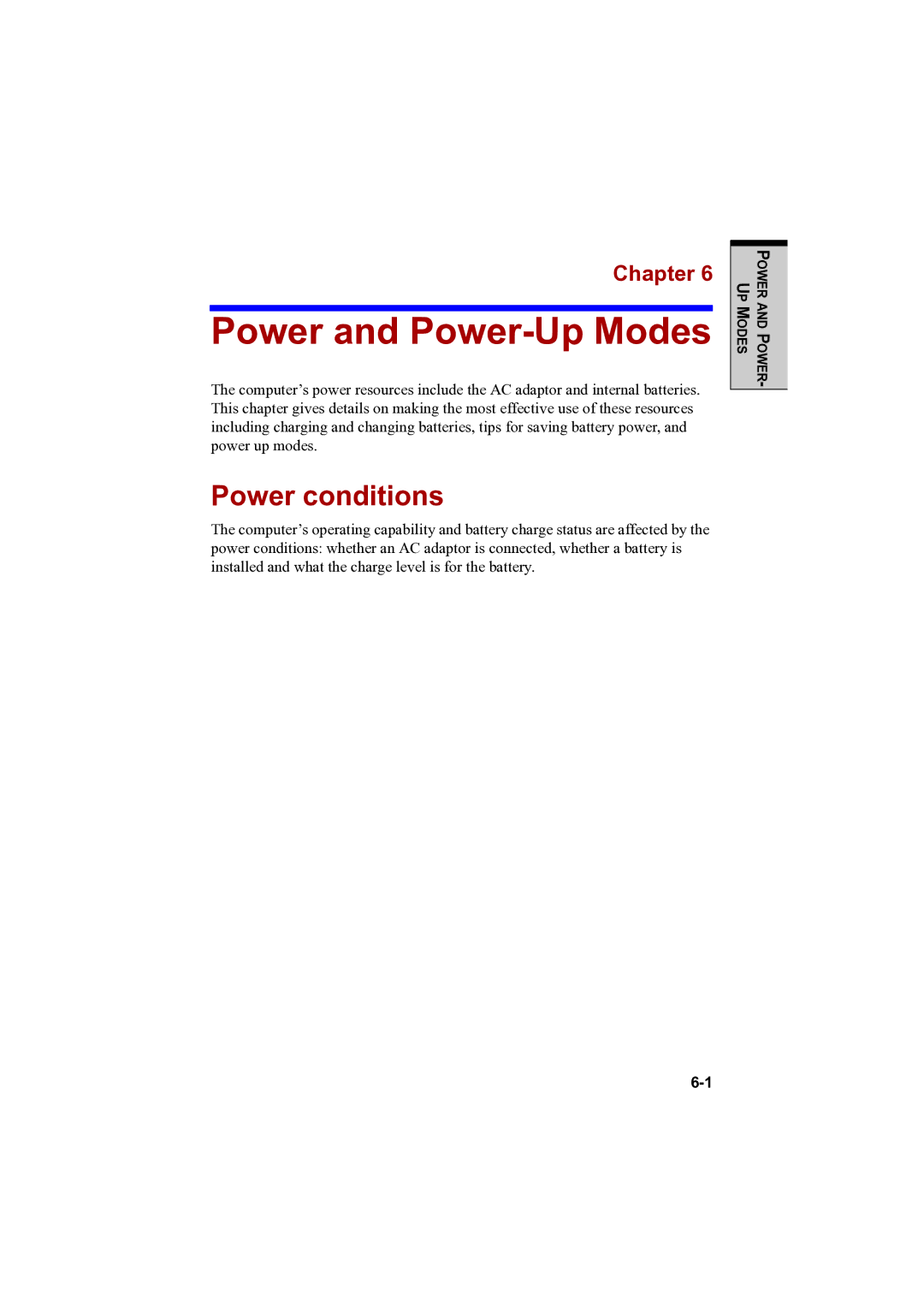 Toshiba PTA42 user manual Power and Power-Up Modes, Power conditions 