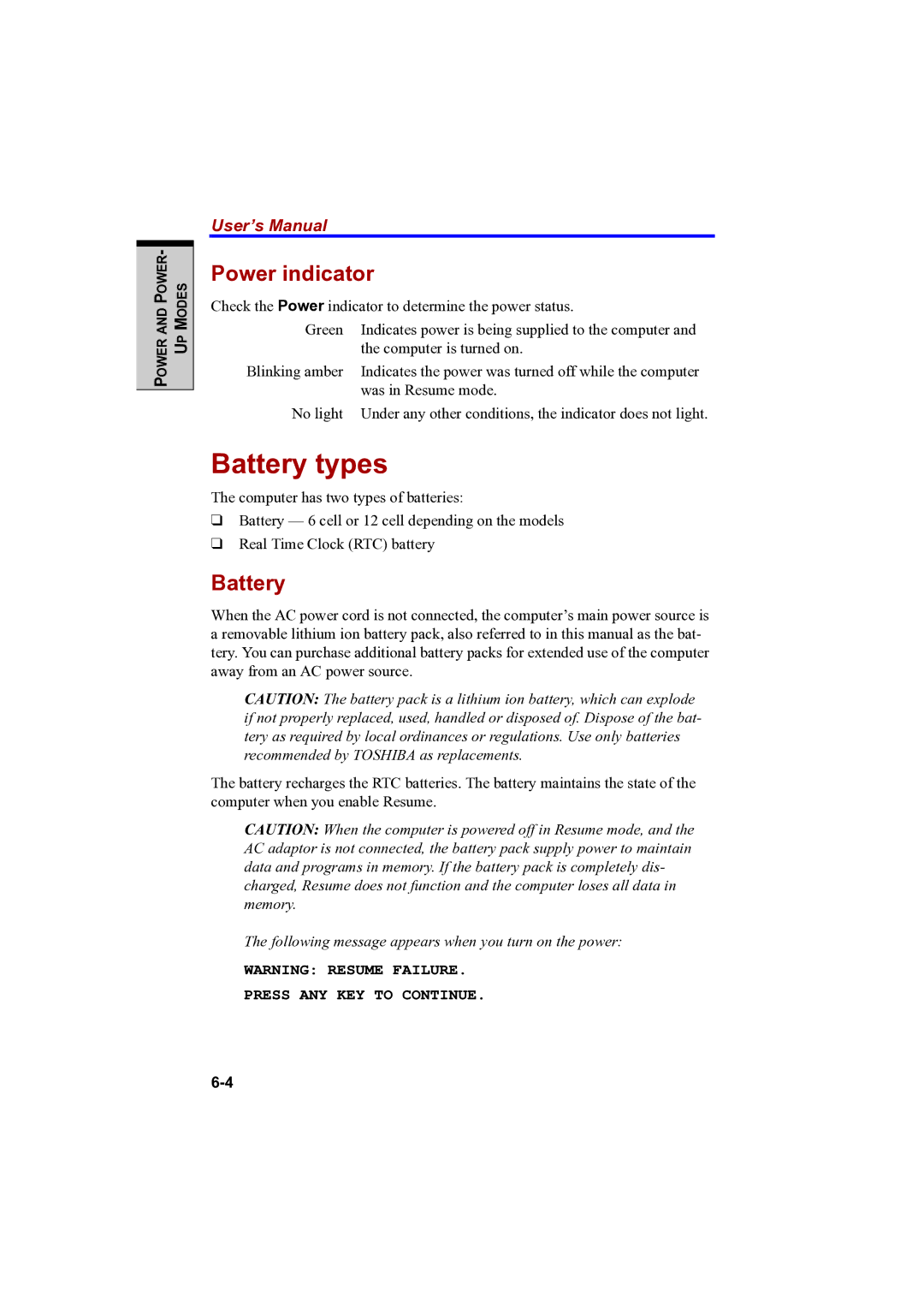 Toshiba PTA42 user manual Battery types, Power indicator 