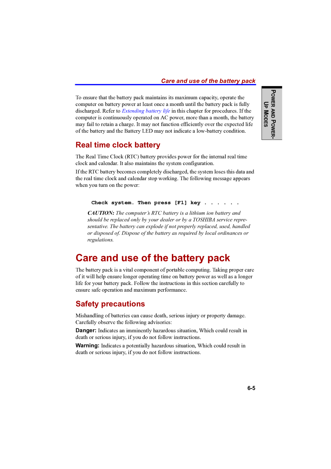 Toshiba PTA42 user manual Care and use of the battery pack, Real time clock battery, Safety precautions 