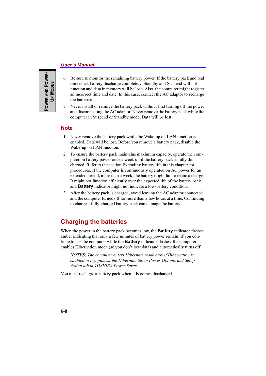 Toshiba PTA42 user manual Charging the batteries 