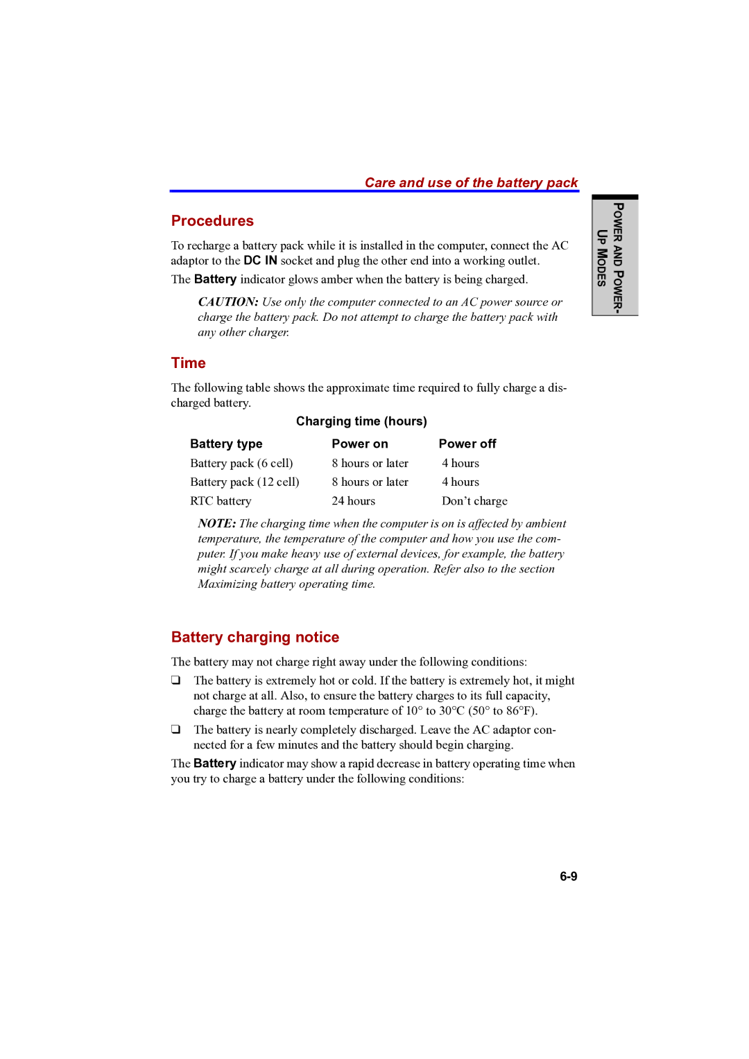 Toshiba PTA42 user manual Procedures, Time, Battery charging notice, Charging time hours Battery type Power on Power off 