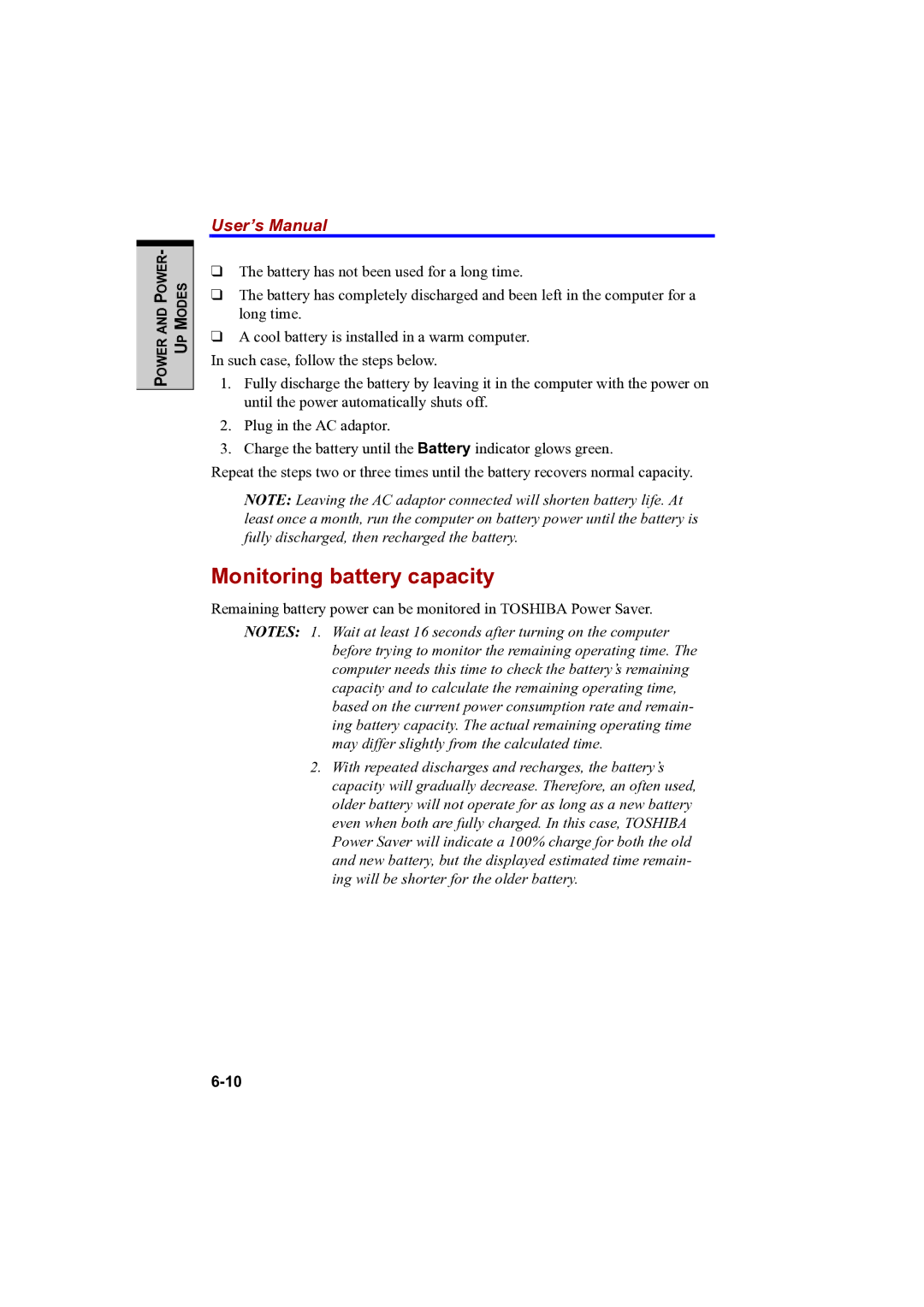 Toshiba PTA42 user manual Monitoring battery capacity 