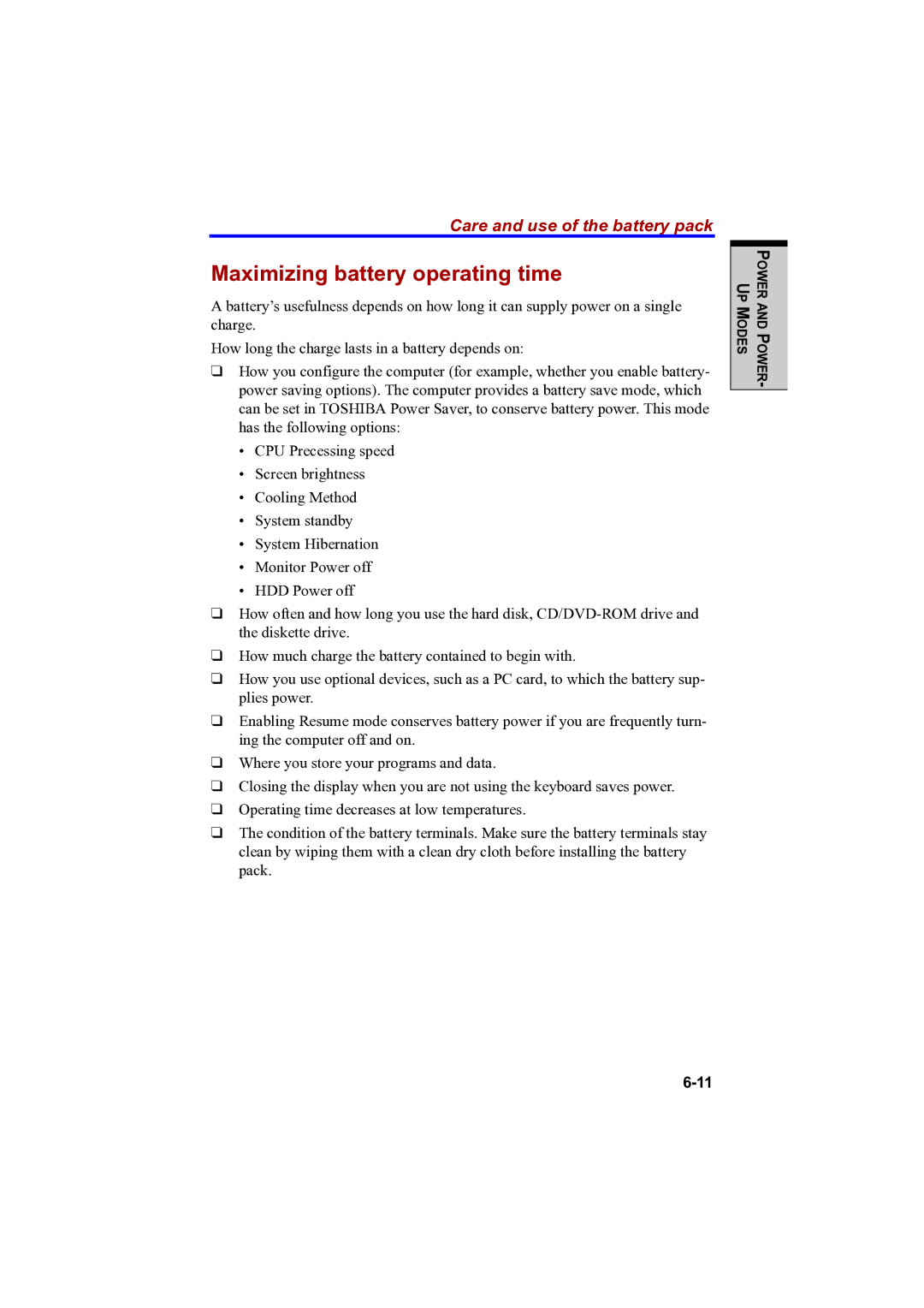 Toshiba PTA42 user manual Maximizing battery operating time 