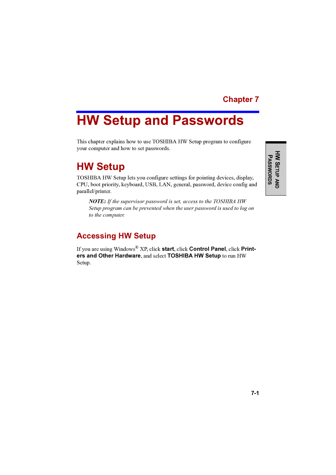 Toshiba PTA42 user manual HW Setup and Passwords, Accessing HW Setup 