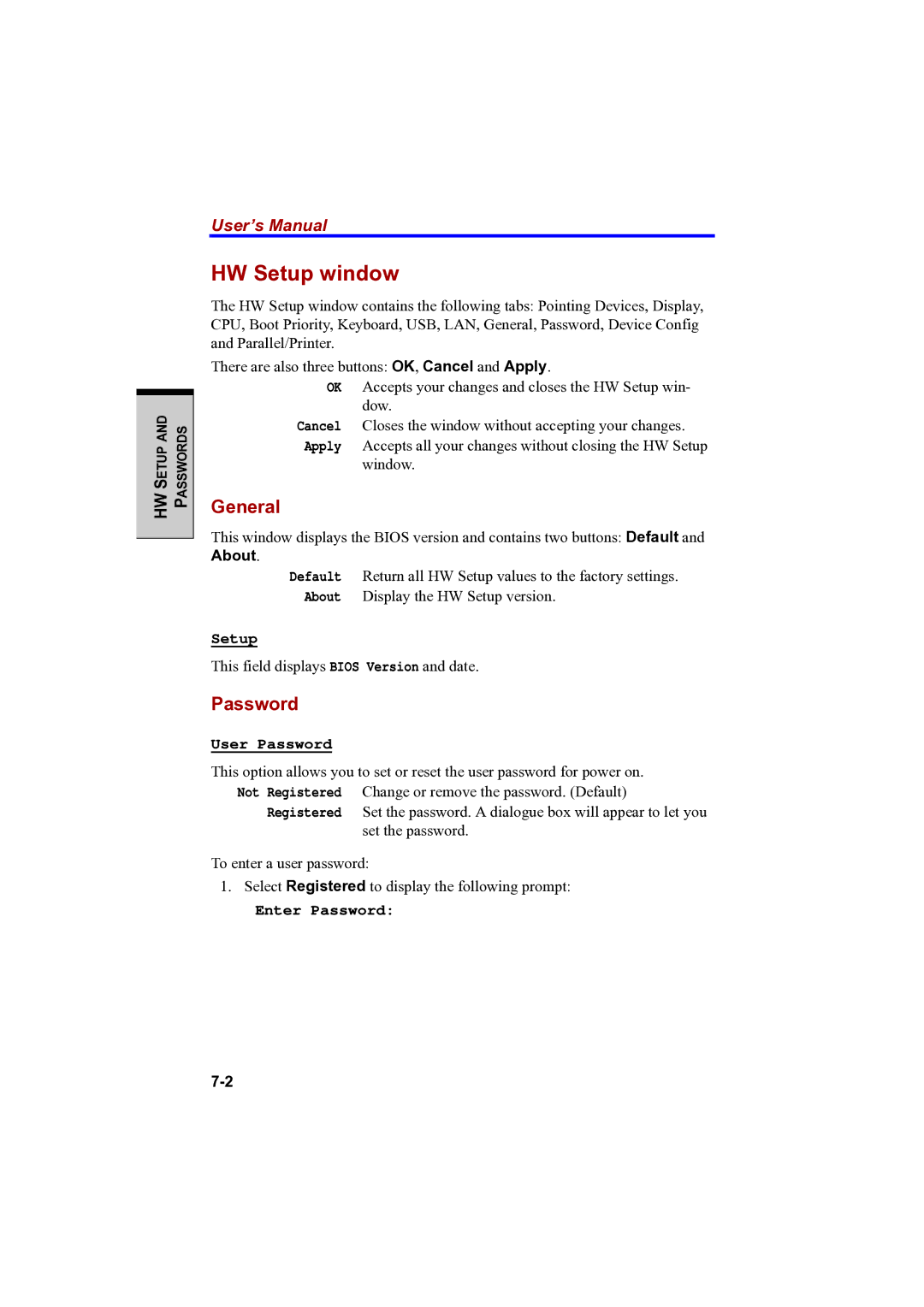 Toshiba PTA42 user manual HW Setup window, General, Password 