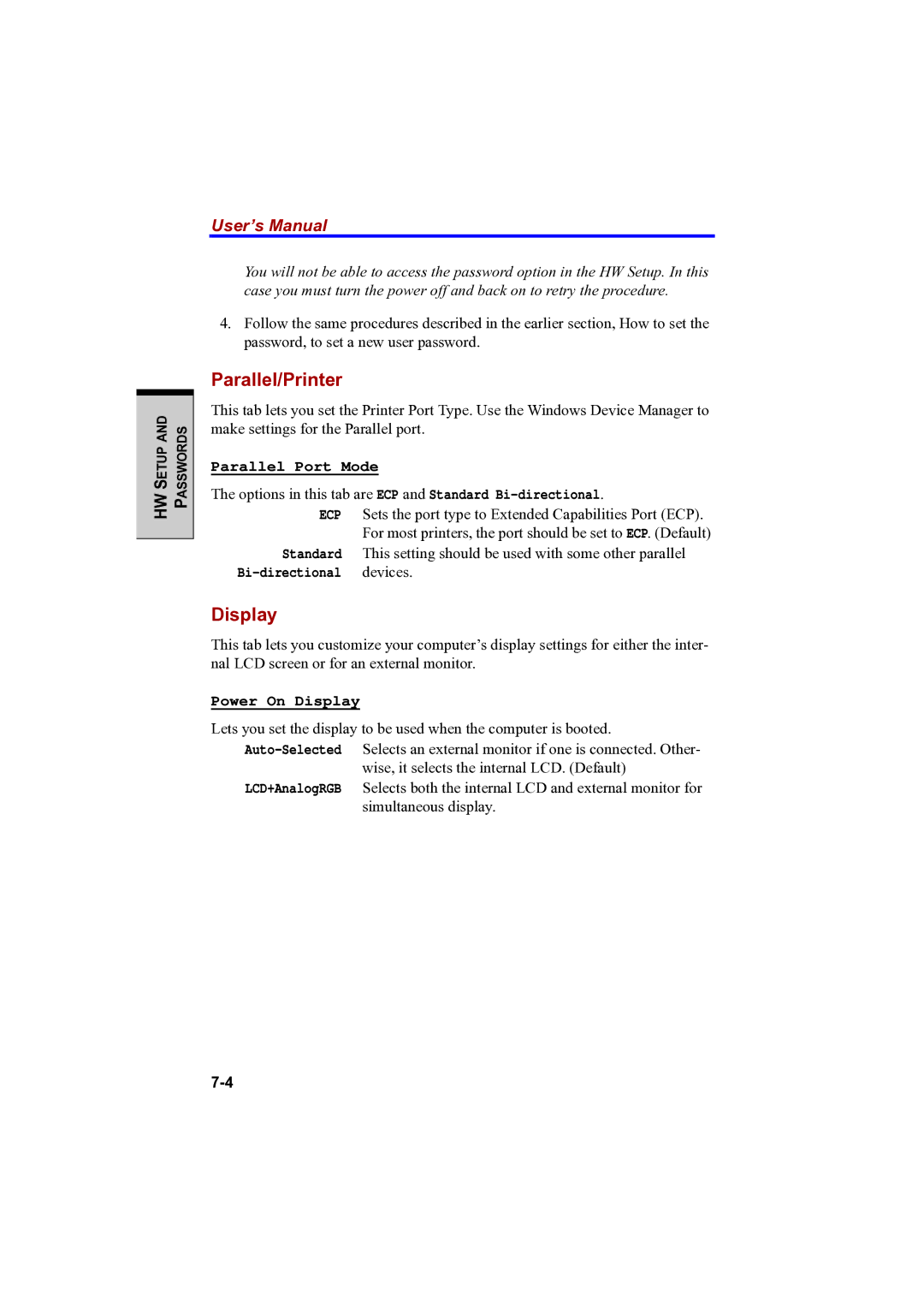 Toshiba PTA42 user manual Parallel/Printer, Display 