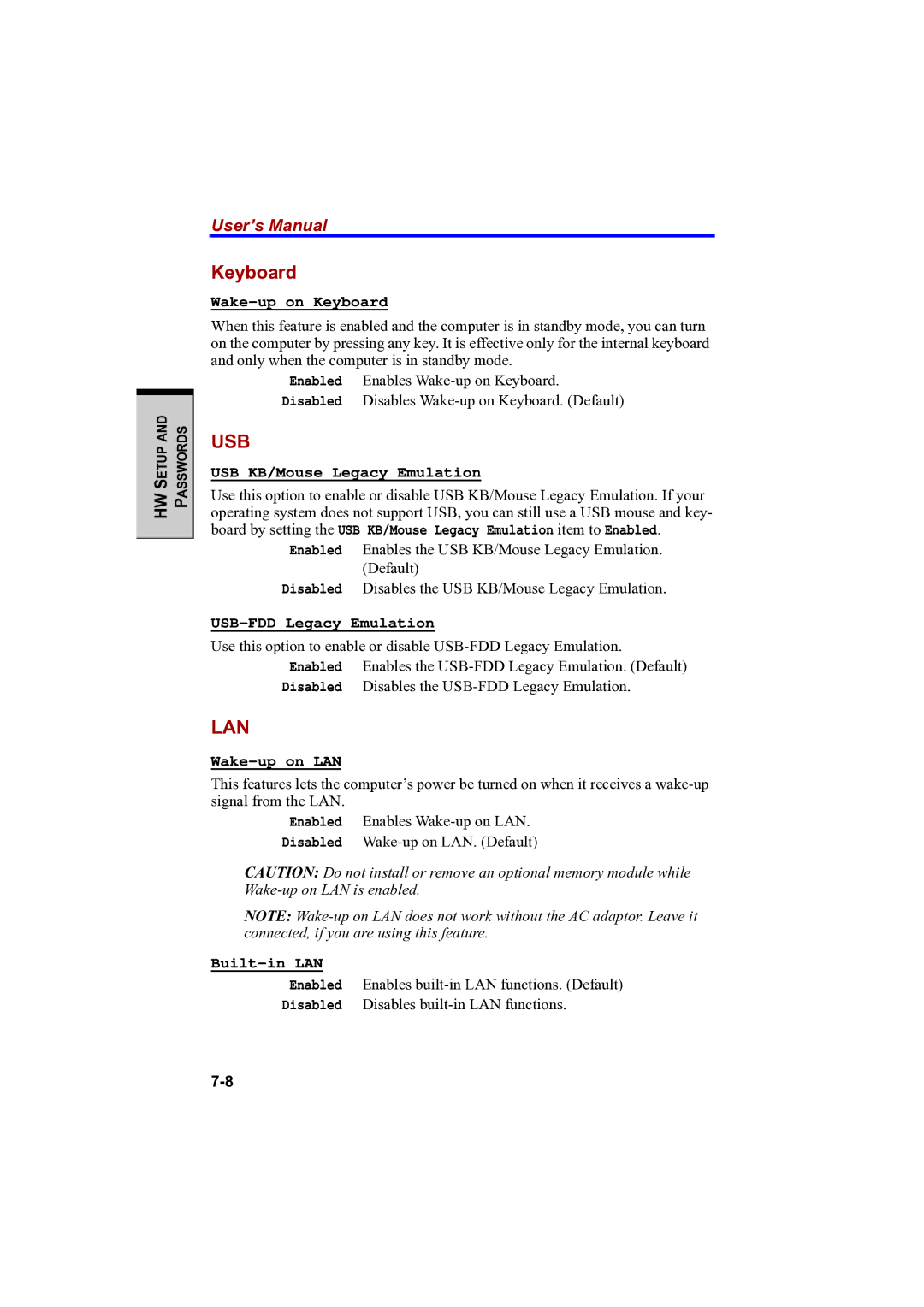 Toshiba PTA42 user manual Wake-up on Keyboard 