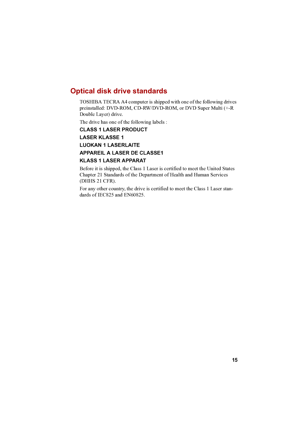 Toshiba PTA42 user manual Optical disk drive standards 