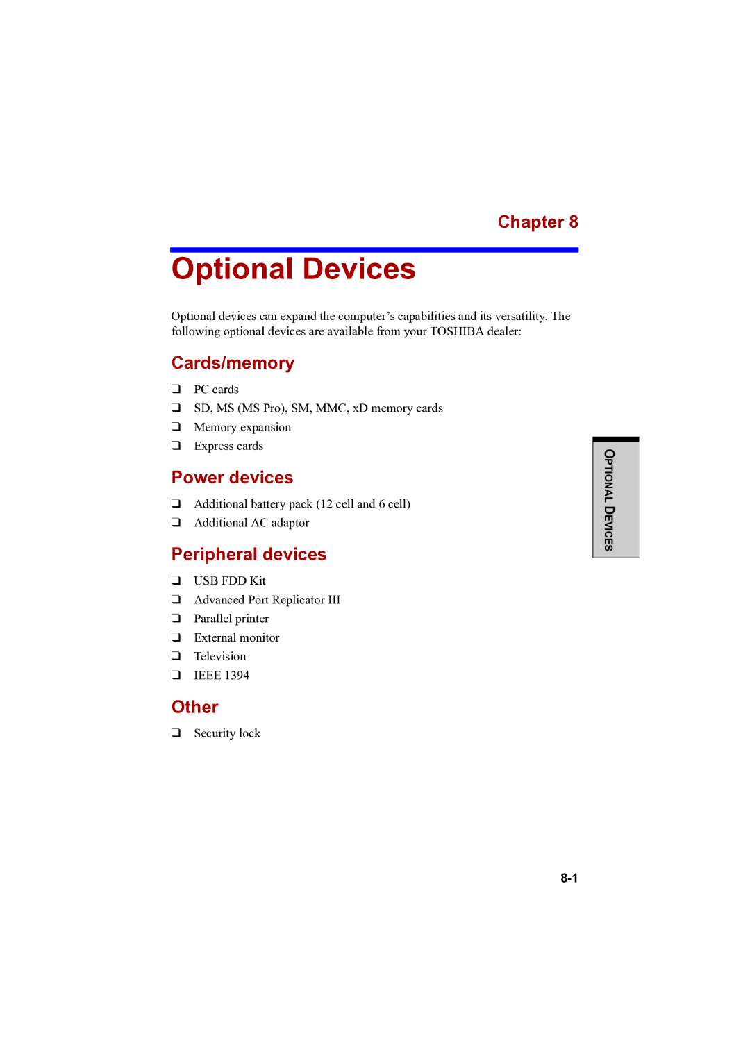 Toshiba PTA42 user manual Optional Devices, Cards/memory, Power devices, Peripheral devices, Other 