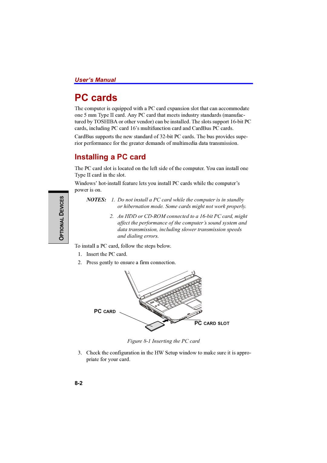 Toshiba PTA42 user manual PC cards, Installing a PC card 