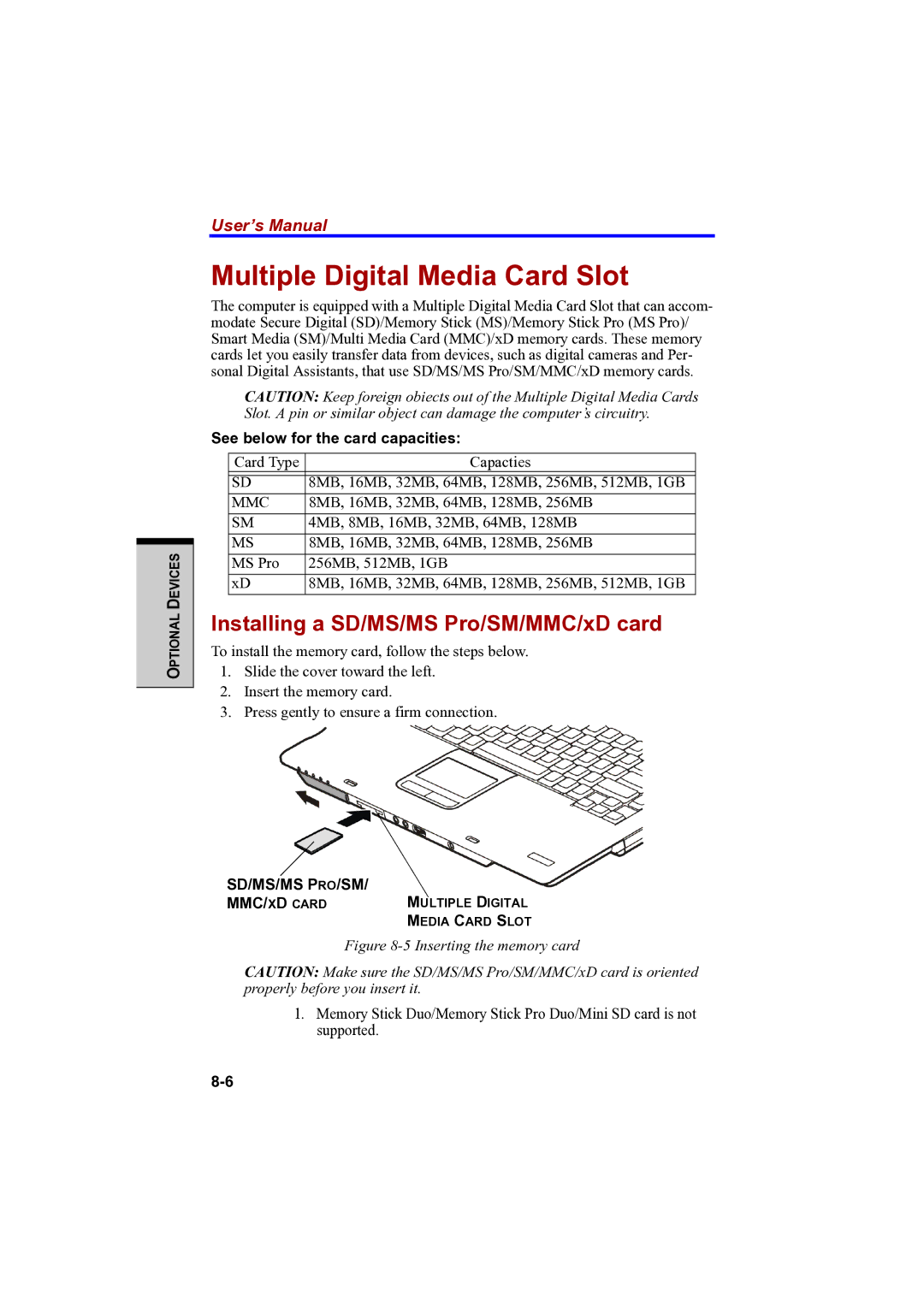 Toshiba PTA42 user manual Multiple Digital Media Card Slot, Installing a SD/MS/MS Pro/SM/MMC/xD card 