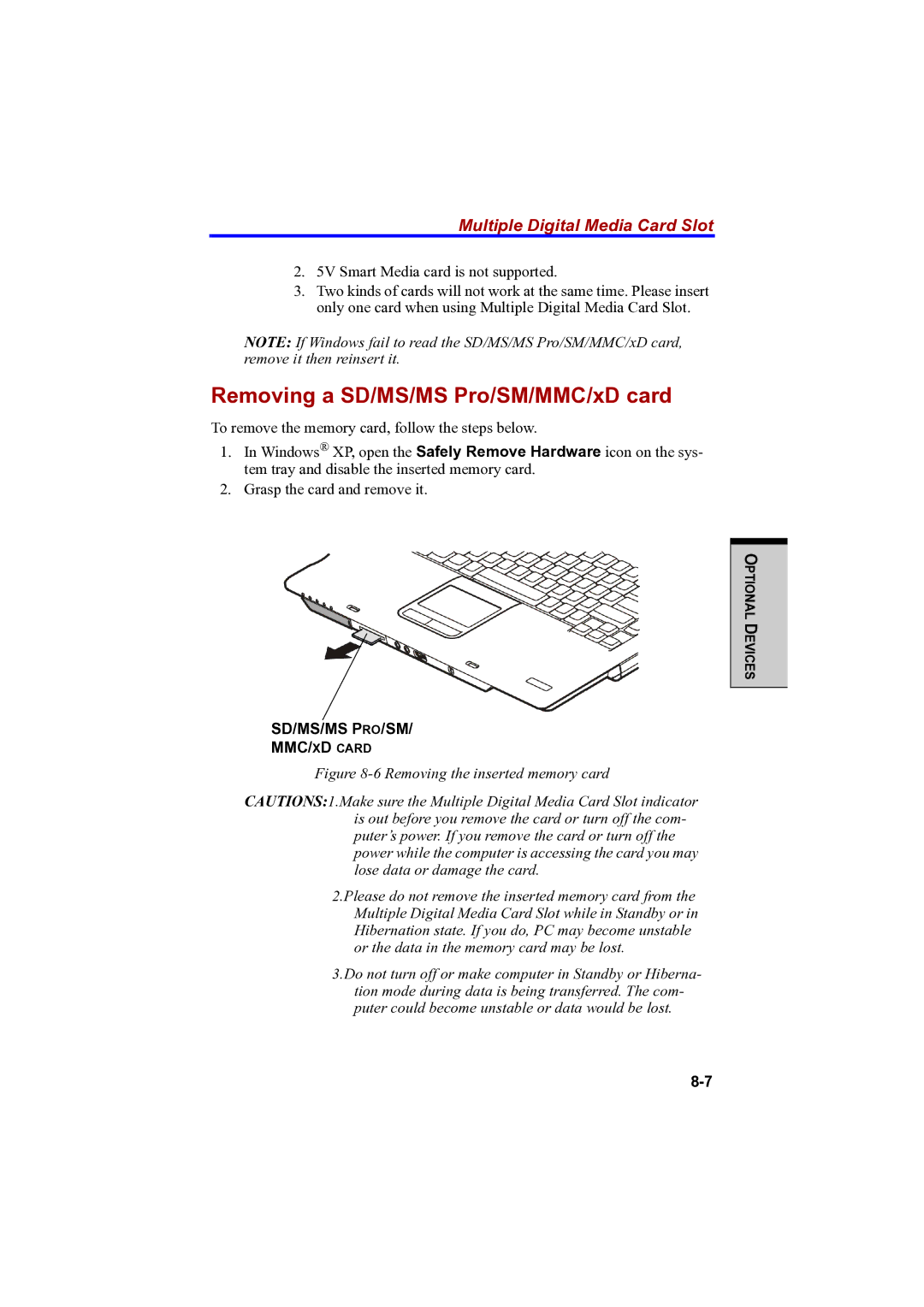 Toshiba PTA42 user manual Removing a SD/MS/MS Pro/SM/MMC/xD card, Multiple Digital Media Card Slot 