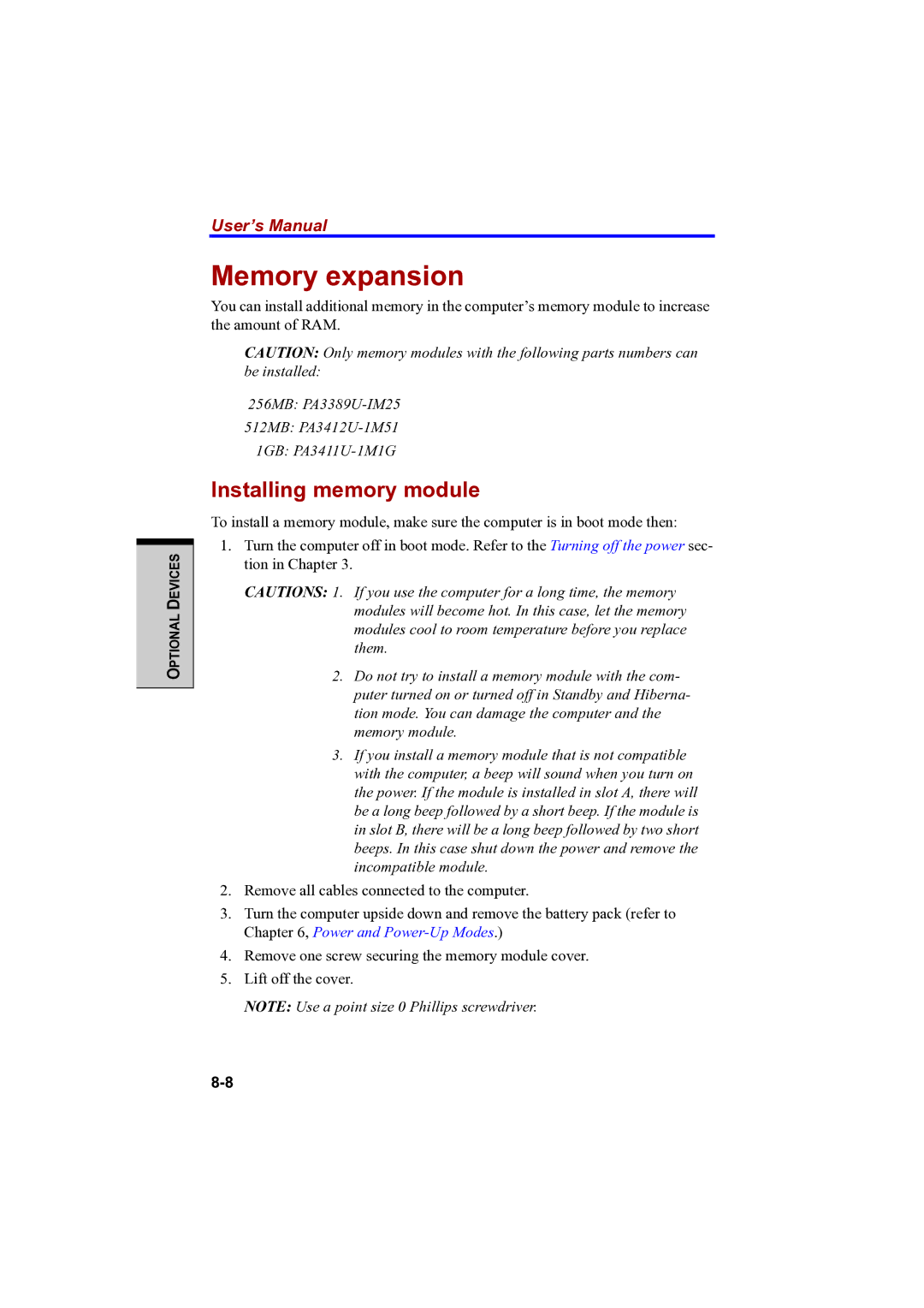 Toshiba PTA42 user manual Memory expansion, Installing memory module 