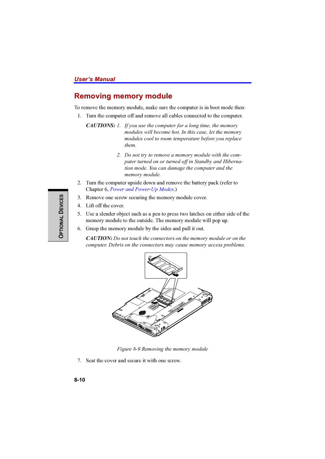 Toshiba PTA42 user manual Removing memory module, Removing the memory module 