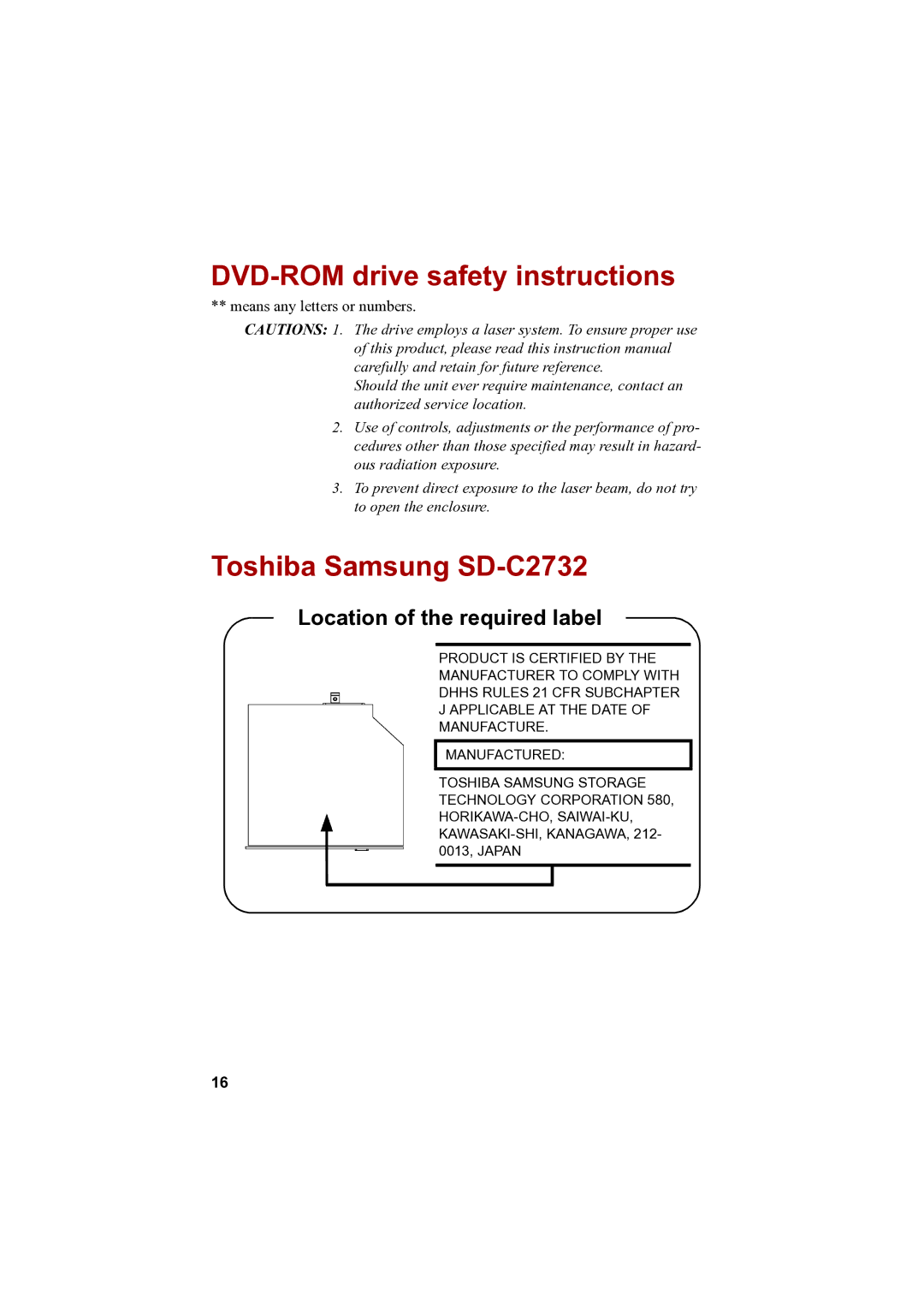 Toshiba PTA42 user manual DVD-ROM drive safety instructions, Toshiba Samsung SD-C2732 