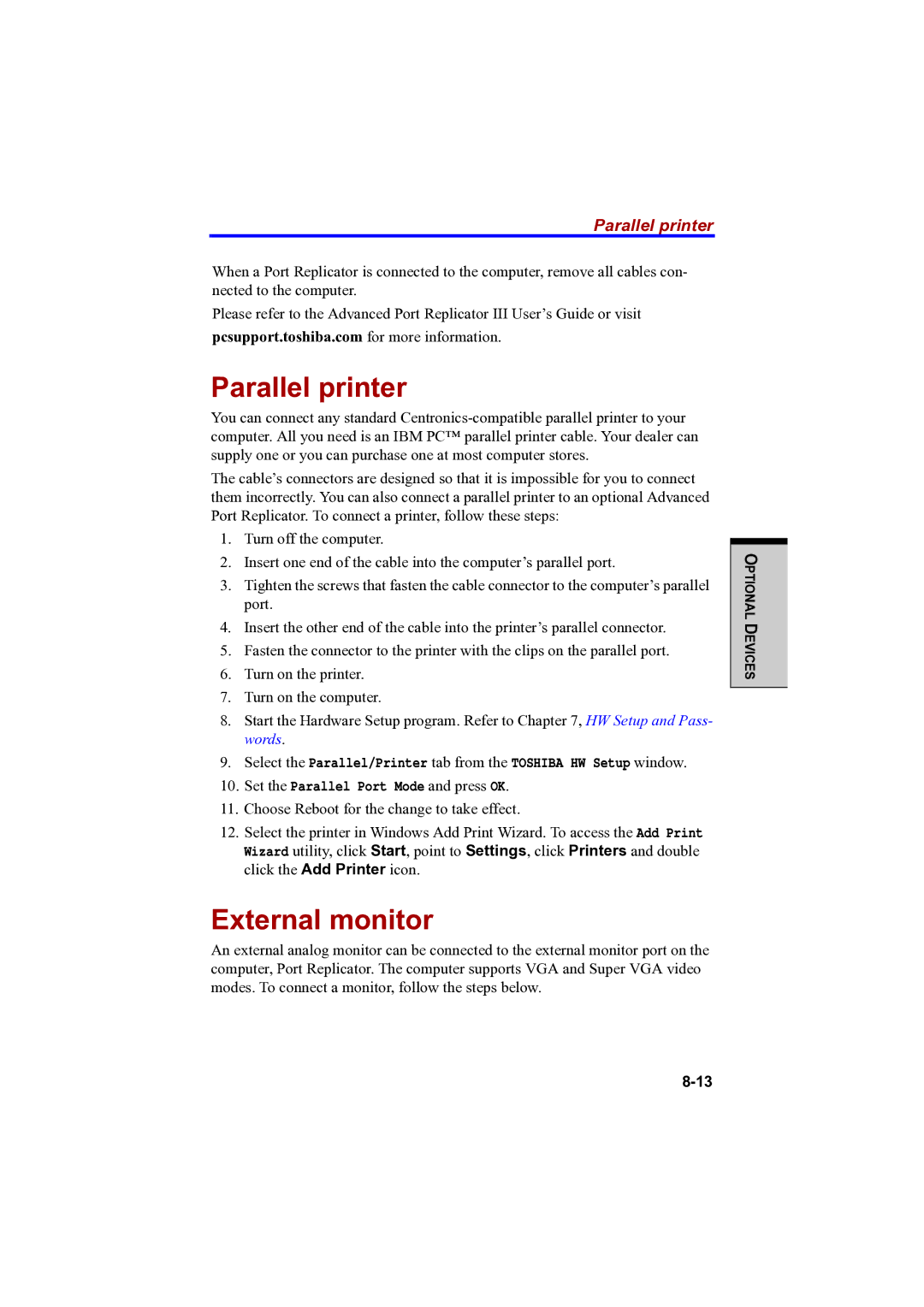 Toshiba PTA42 user manual Parallel printer, External monitor 