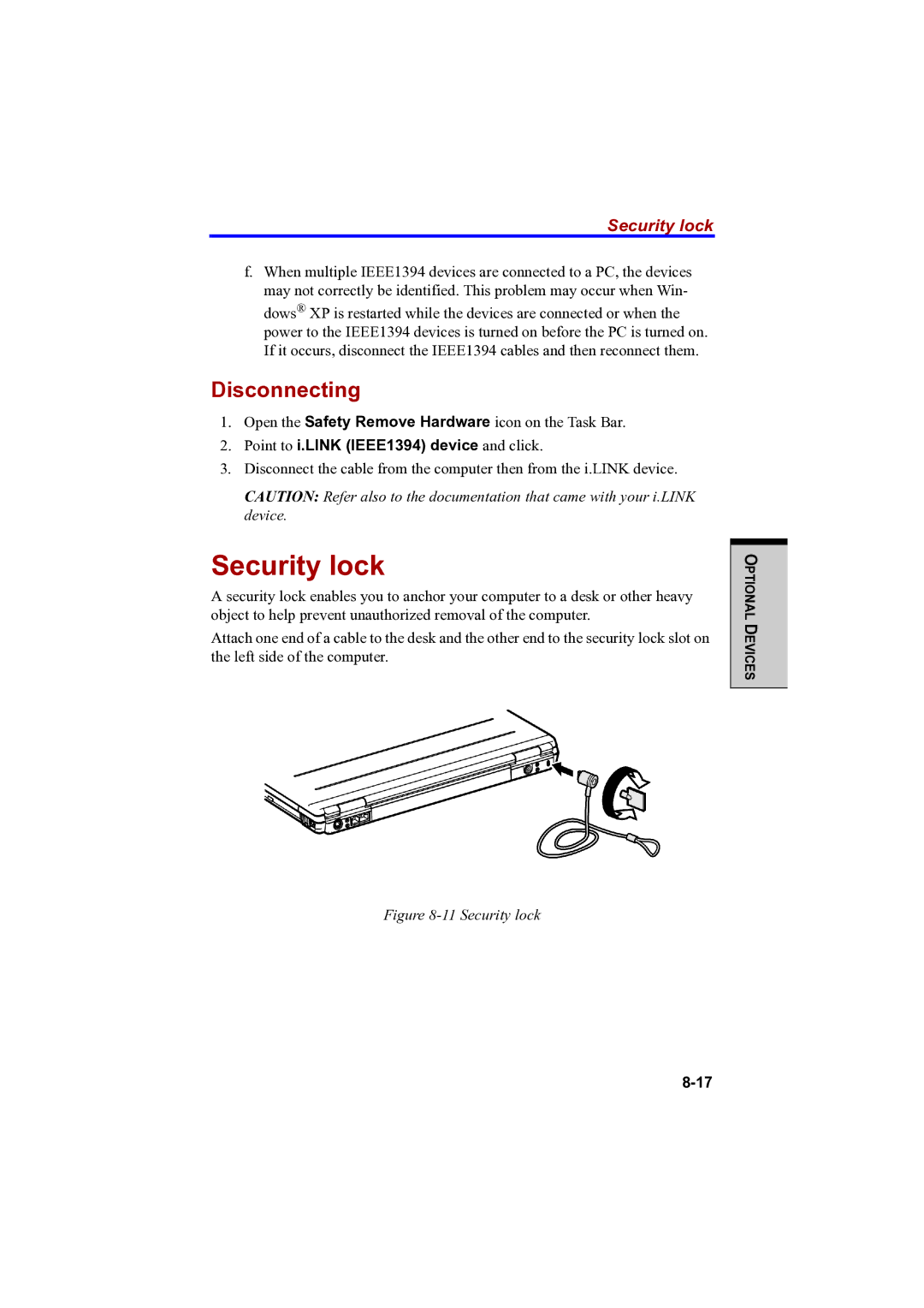 Toshiba PTA42 user manual Security lock, Point to i.LINK IEEE1394 device and click 