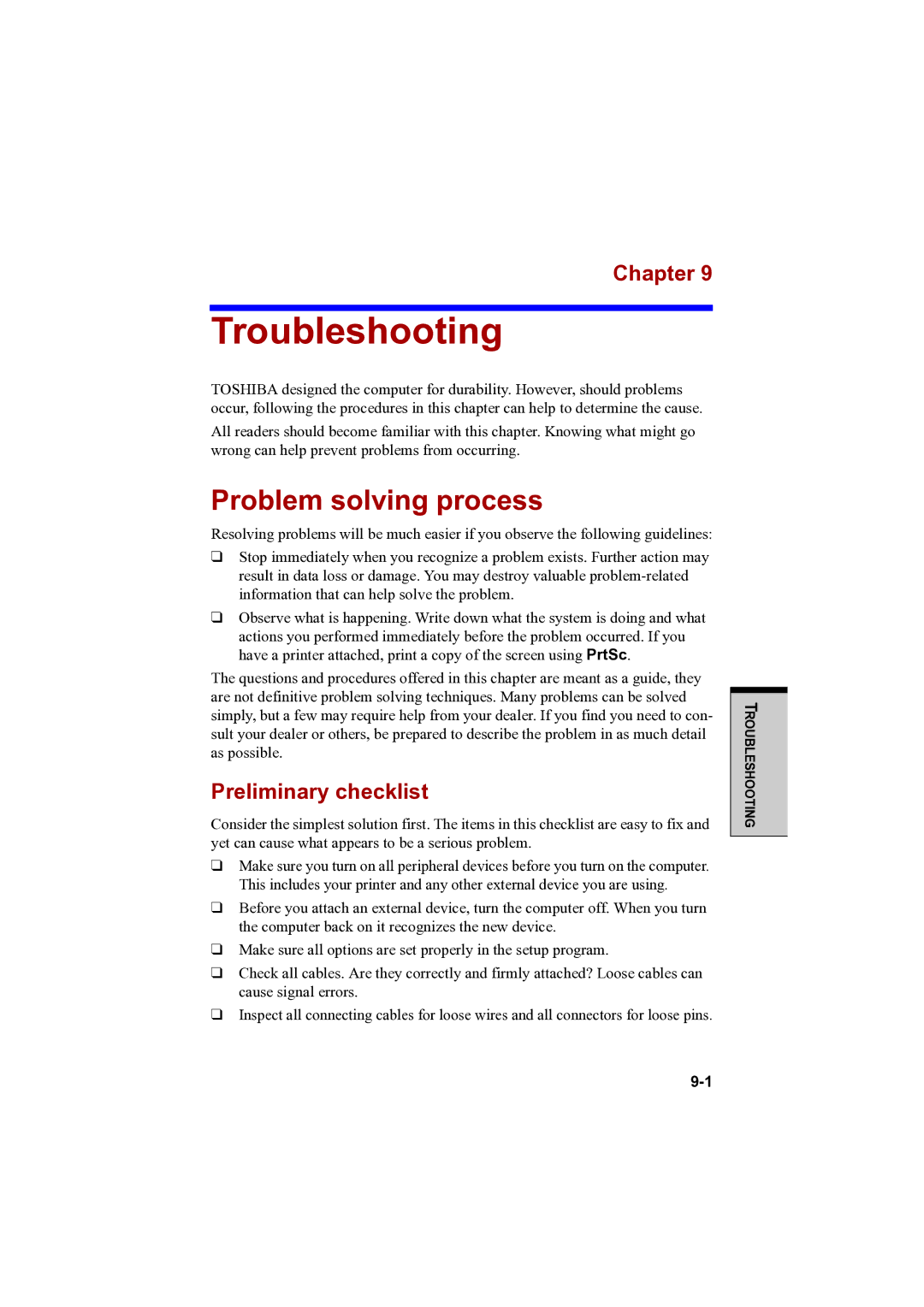 Toshiba PTA42 user manual Troubleshooting, Problem solving process, Preliminary checklist 