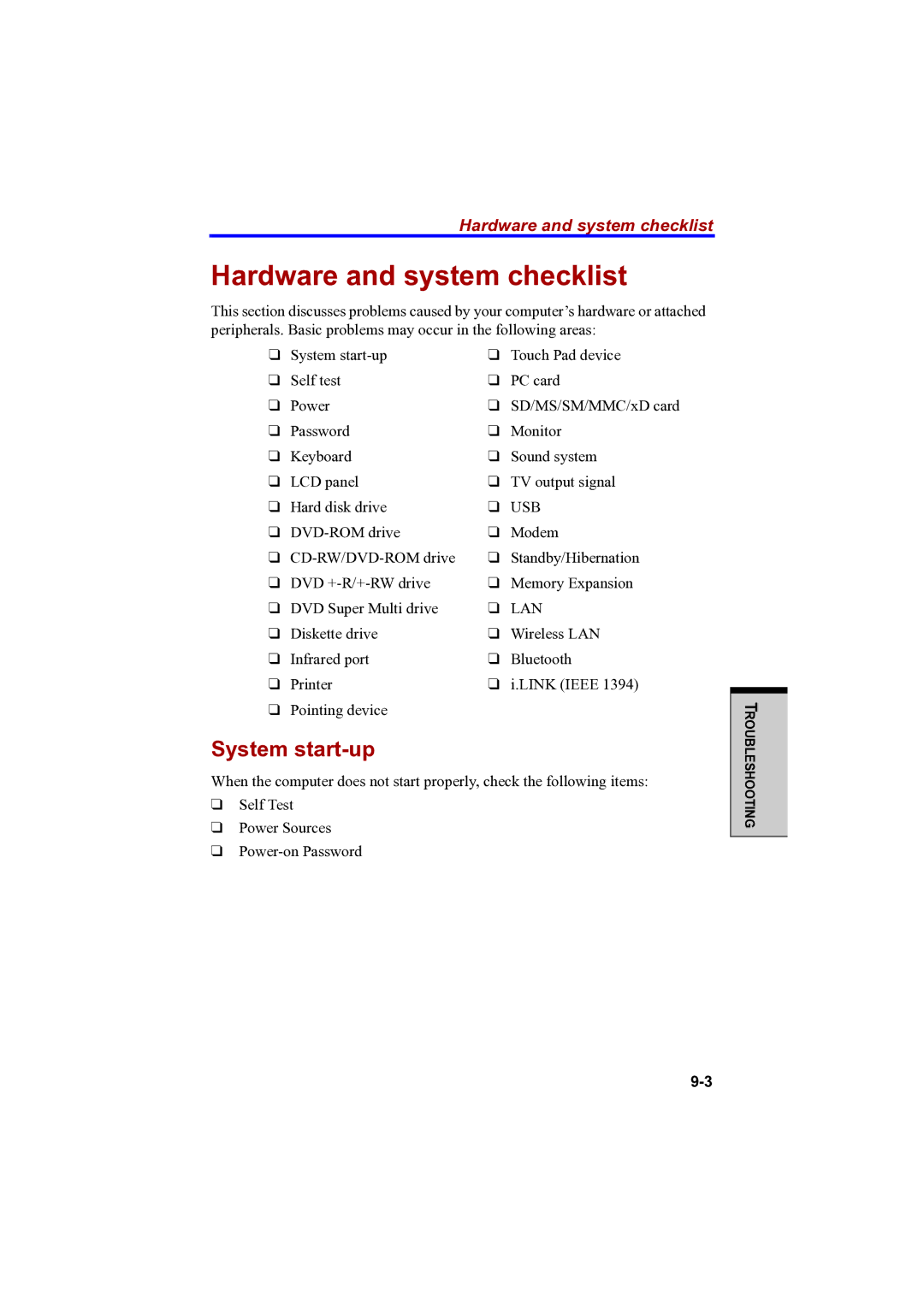 Toshiba PTA42 user manual Hardware and system checklist, System start-up 