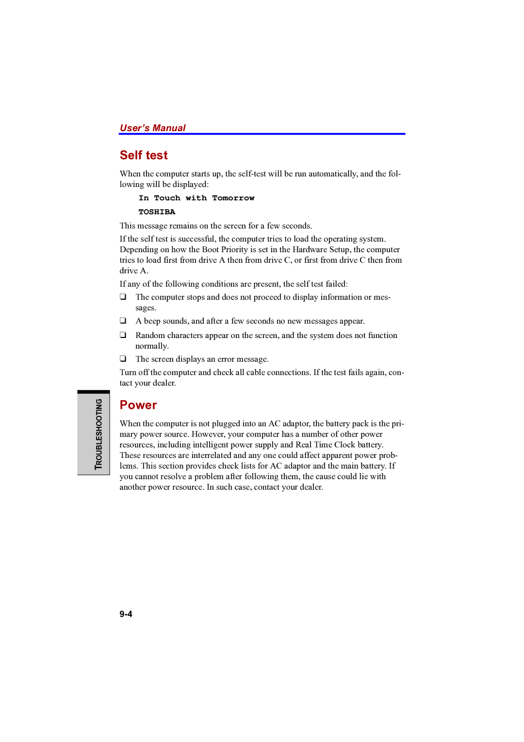 Toshiba PTA42 user manual Self test, Toshiba 