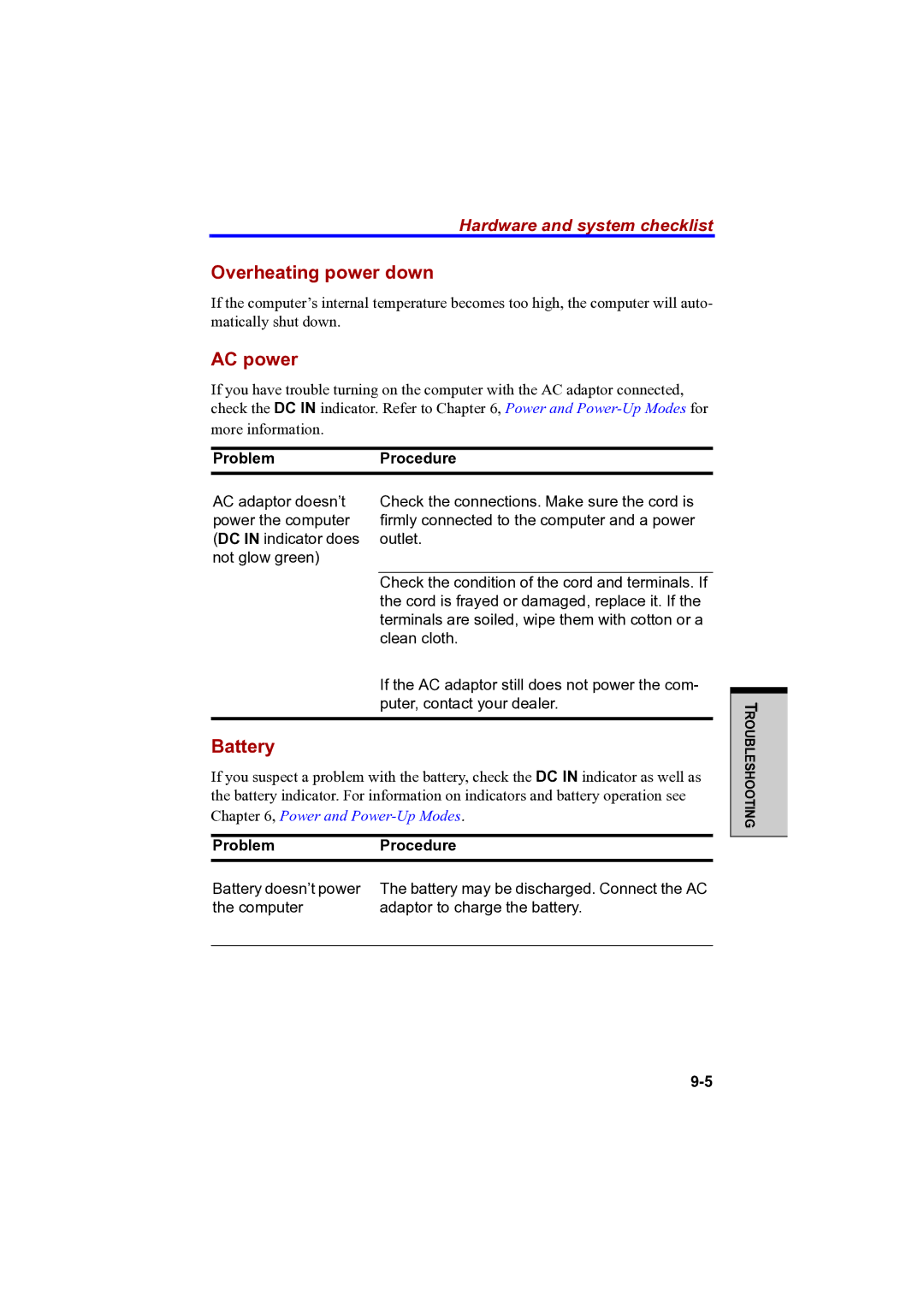 Toshiba PTA42 user manual Overheating power down, AC power, Battery, ProblemProcedure 