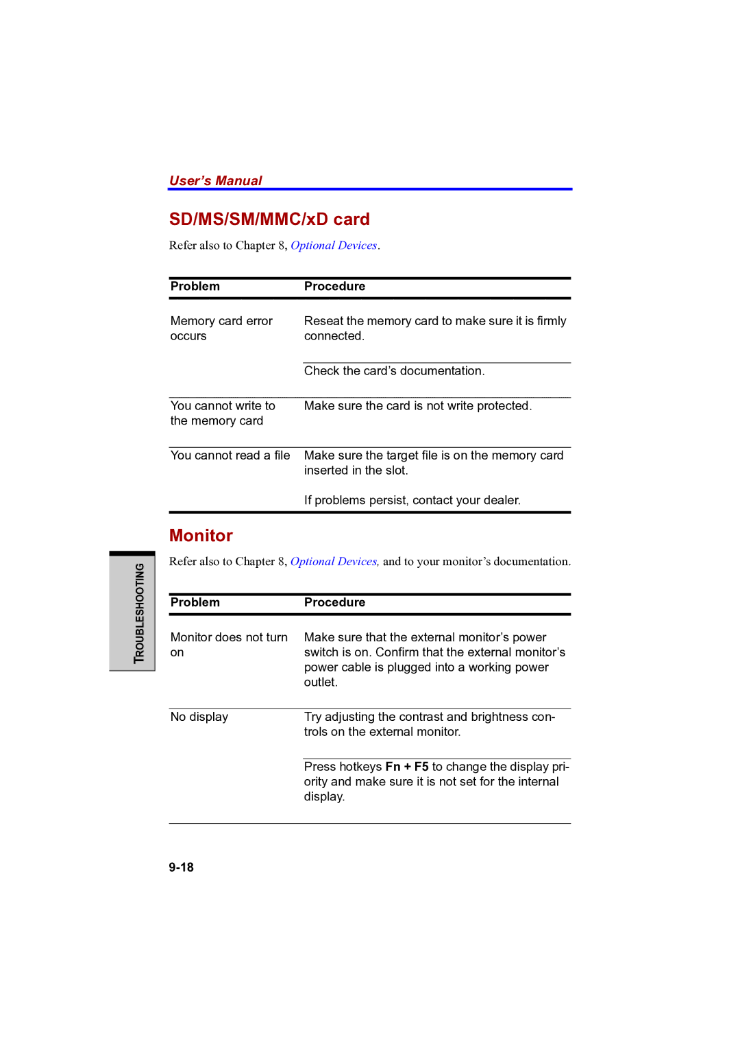 Toshiba PTA42 user manual SD/MS/SM/MMC/xD card, Monitor 