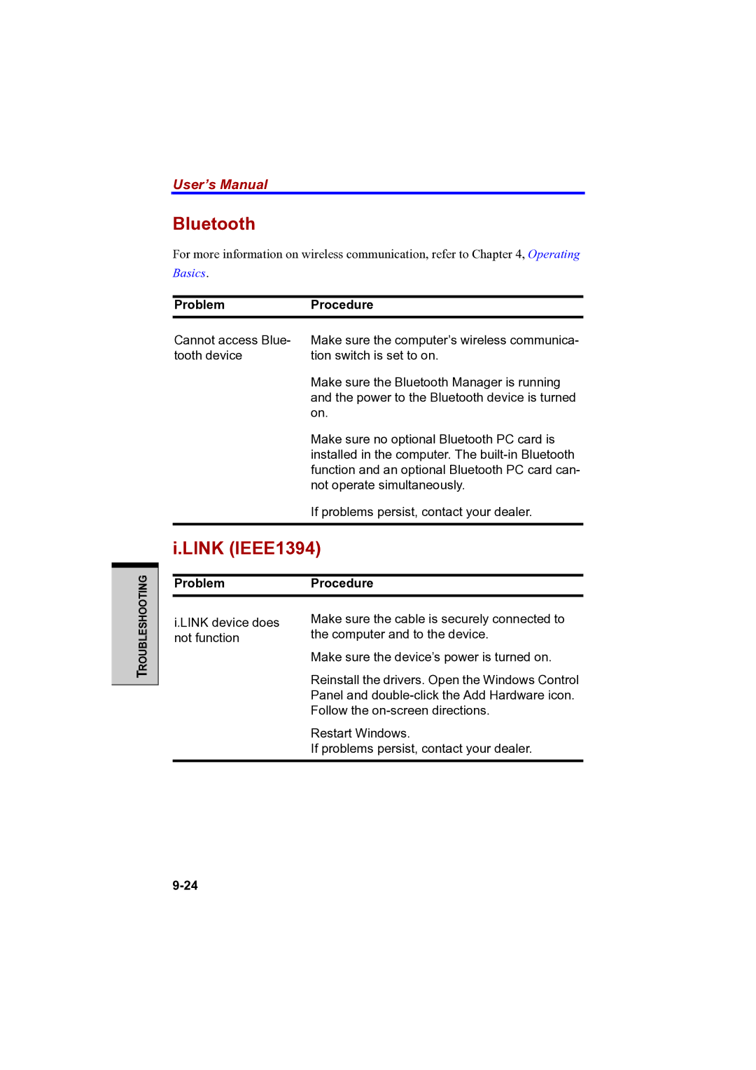 Toshiba PTA42 user manual Bluetooth, Link IEEE1394 