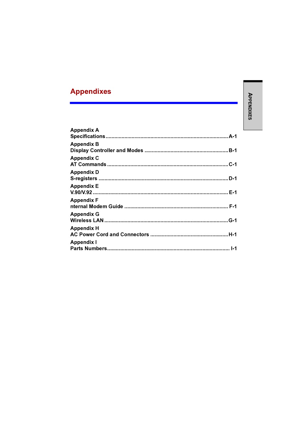 Toshiba PTA42 user manual Appendix a, Appendix B, Appendix C, Appendix D, Appendix E, Appendix F, Appendix G, Appendix H 