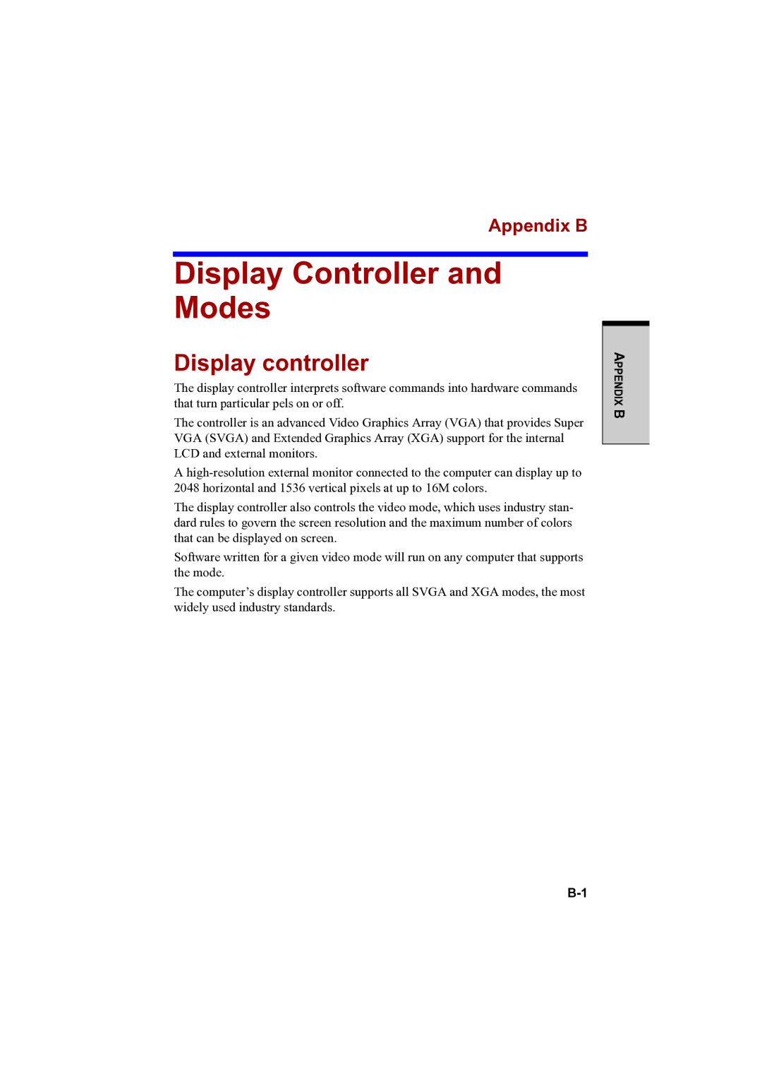 Toshiba PTA42 user manual Display Controller and Modes, Display controller, Appendix B 