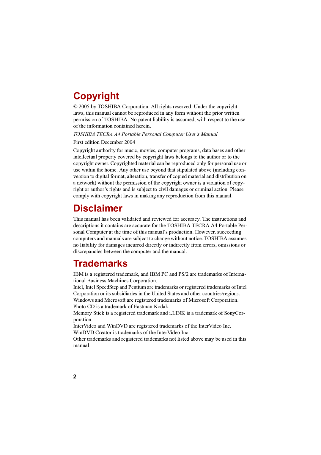 Toshiba PTA42 user manual Copyright, Disclaimer, Trademarks 