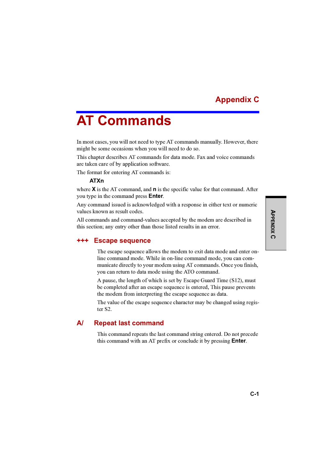 Toshiba PTA42 user manual AT Commands, Appendix C, +++ Escape sequence, Repeat last command, ATXn 