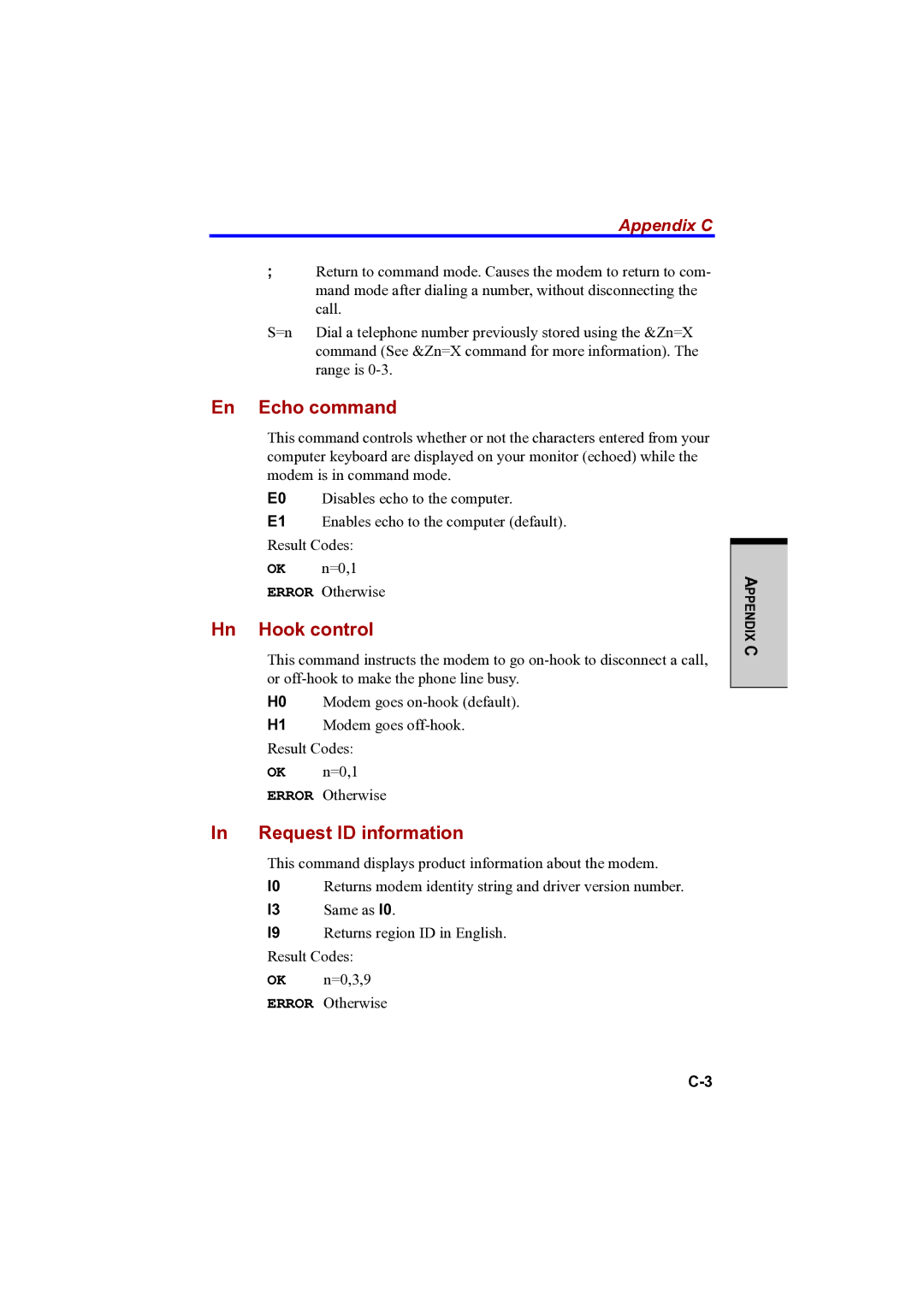 Toshiba PTA42 user manual En Echo command, Hn Hook control, Request ID information, Appendix C 