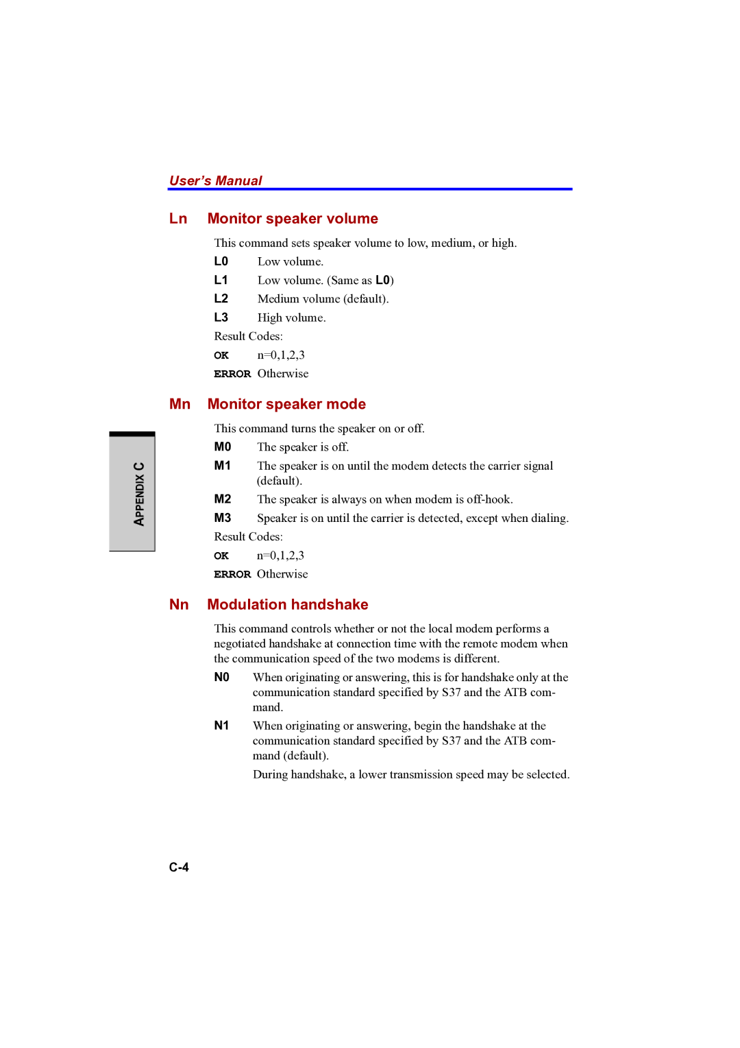 Toshiba PTA42 user manual Ln Monitor speaker volume, Mn Monitor speaker mode, Nn Modulation handshake 