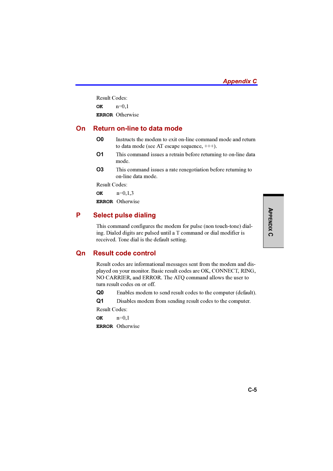 Toshiba PTA42 user manual On Return on-line to data mode, Select pulse dialing, Qn Result code control 