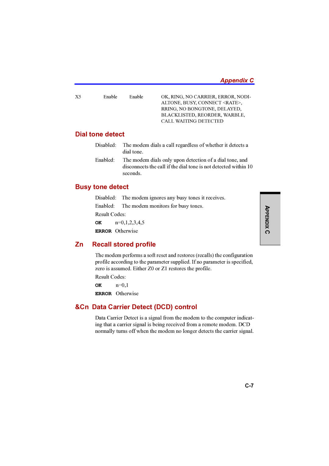 Toshiba PTA42 user manual Dial tone detect, Busy tone detect, Zn Recall stored profile, Cn Data Carrier Detect DCD control 