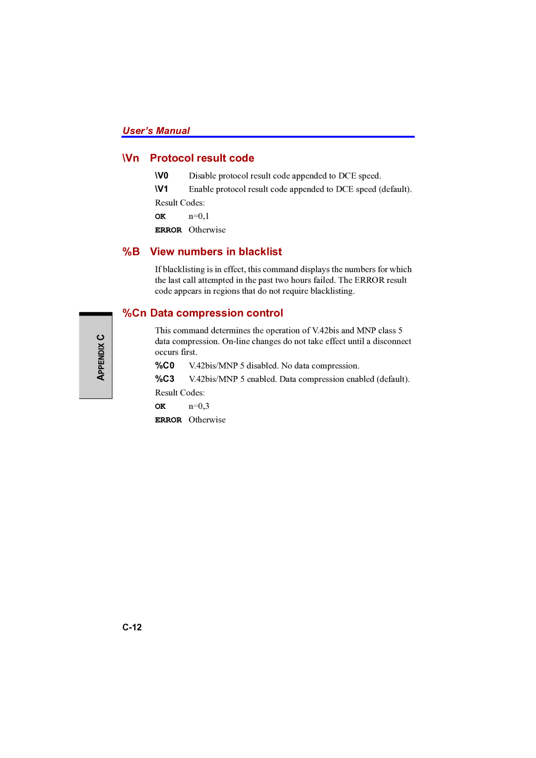 Toshiba PTA42 user manual Vn Protocol result code, View numbers in blacklist, Cn Data compression control 