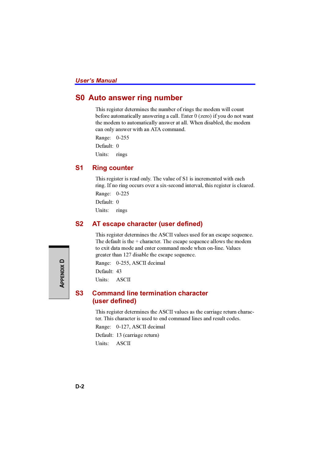 Toshiba PTA42 user manual S0 Auto answer ring number, S1 Ring counter, S2 AT escape character user defined 