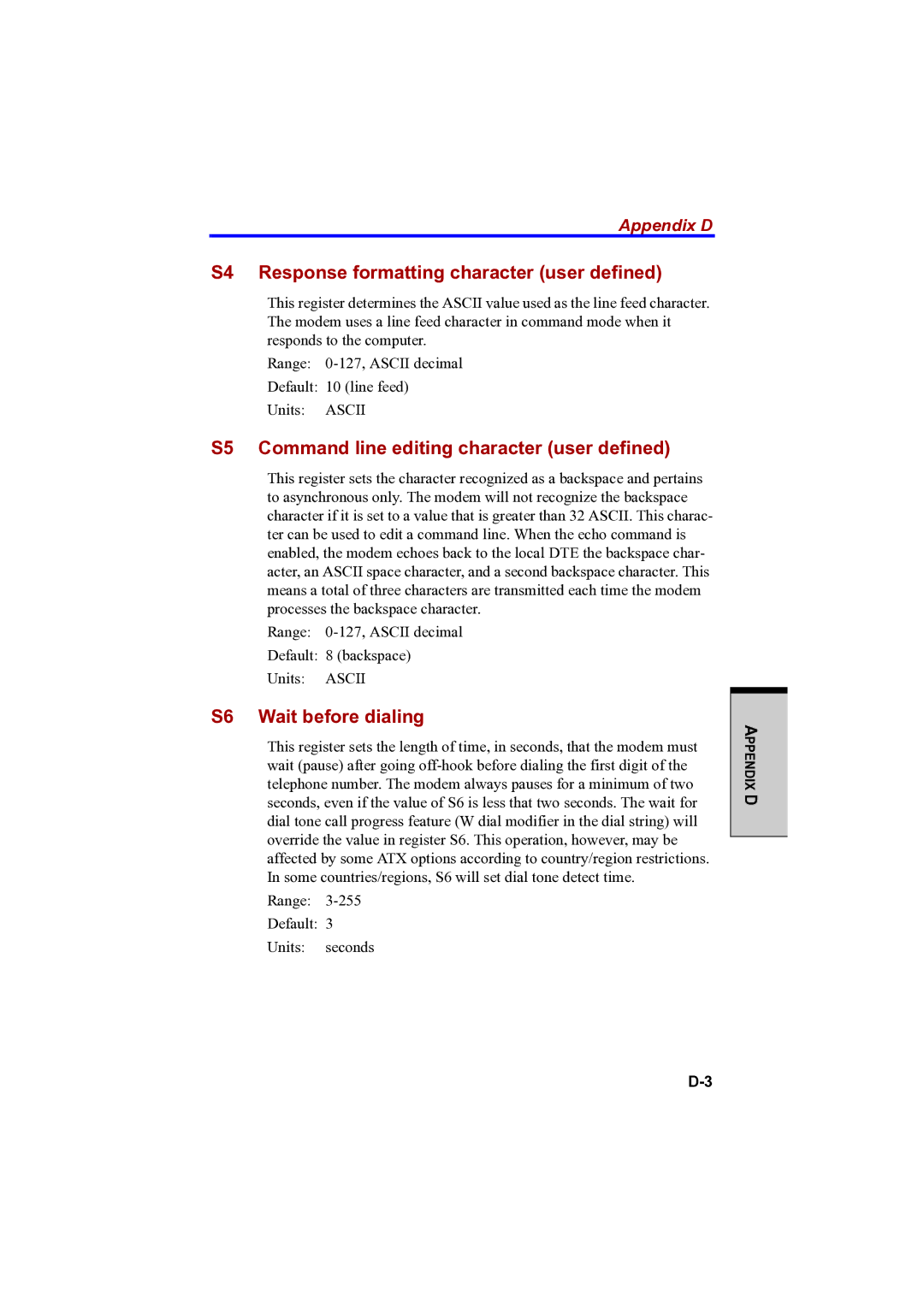 Toshiba PTA42 S4 Response formatting character user defined, S5 Command line editing character user defined, Appendix D 