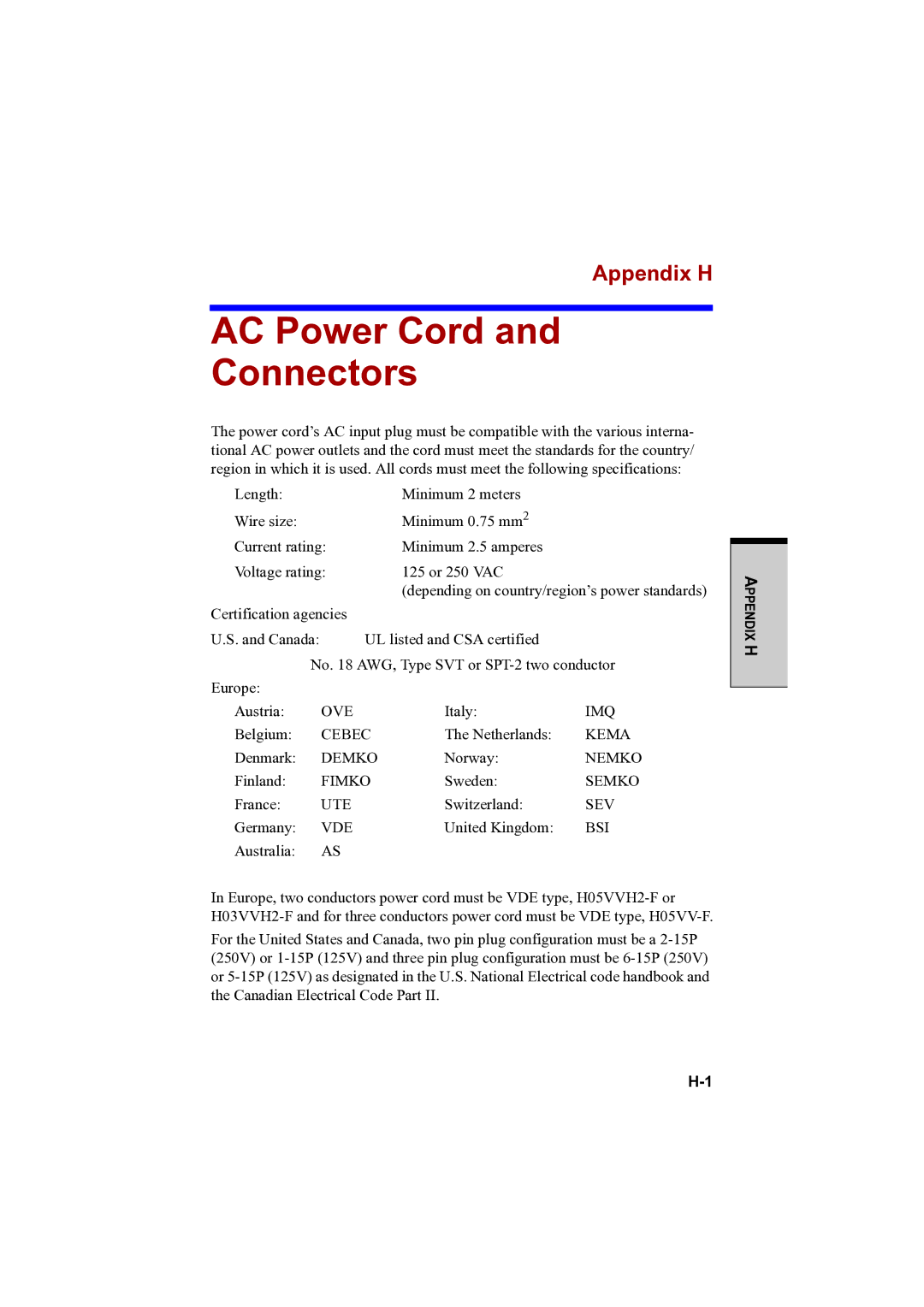 Toshiba PTA42 user manual AC Power Cord Connectors, Appendix H 