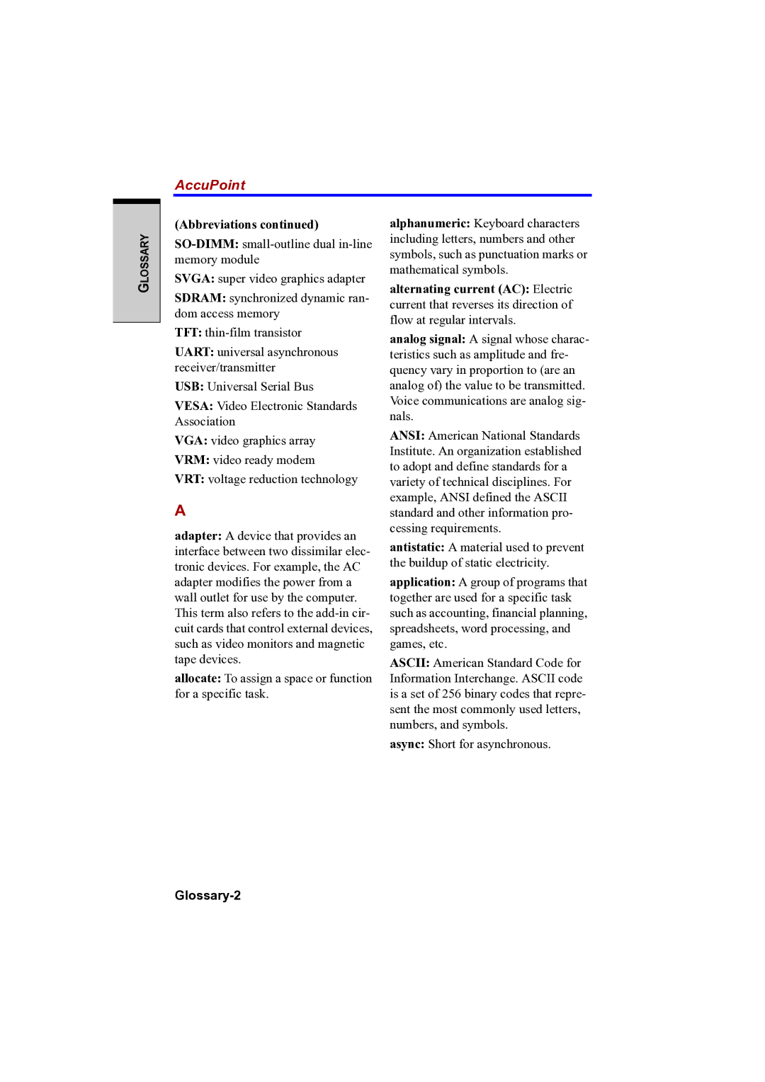 Toshiba PTA42 user manual AccuPoint, Glossary-2 