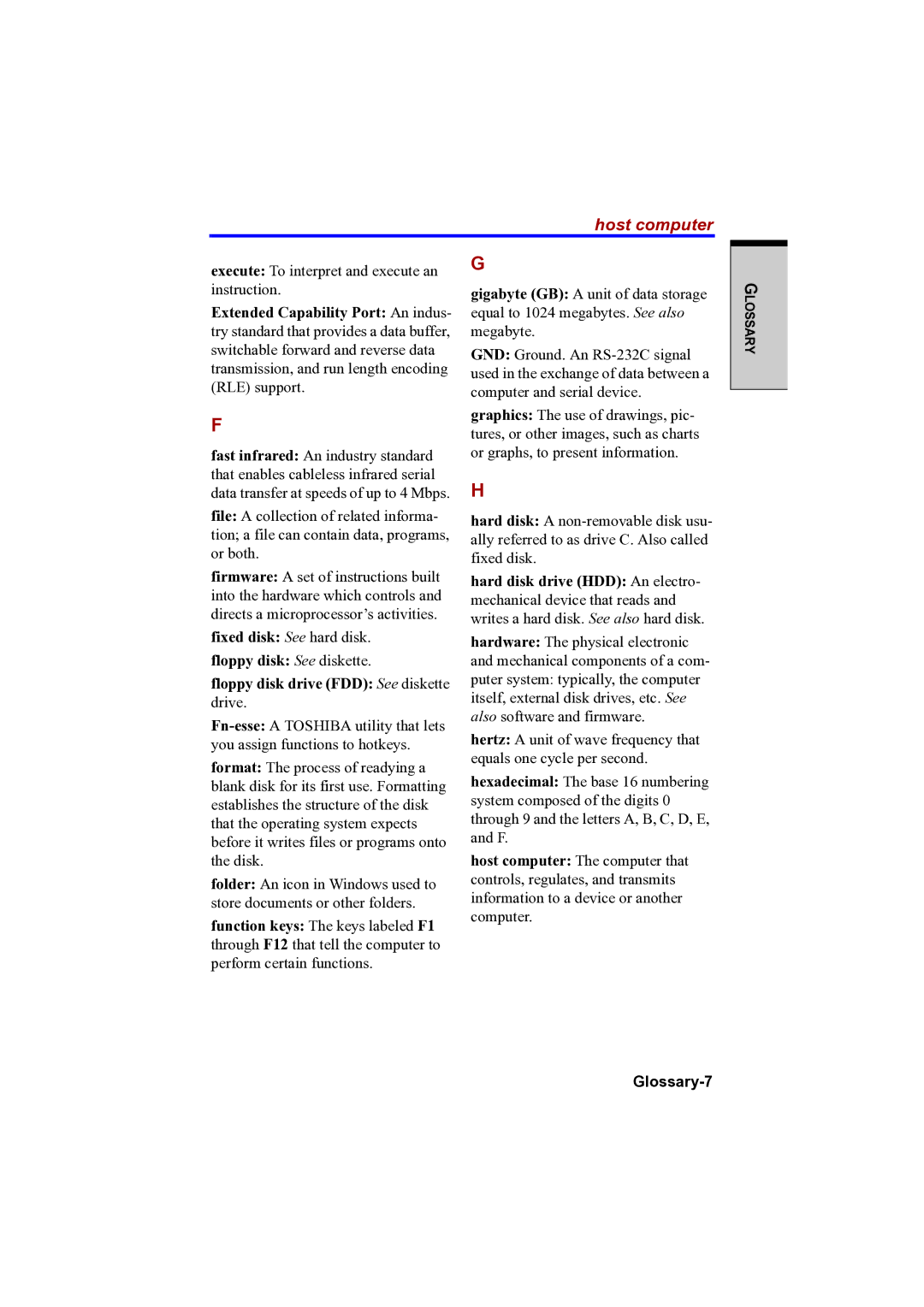 Toshiba PTA42 user manual Host computer, Glossary-7 