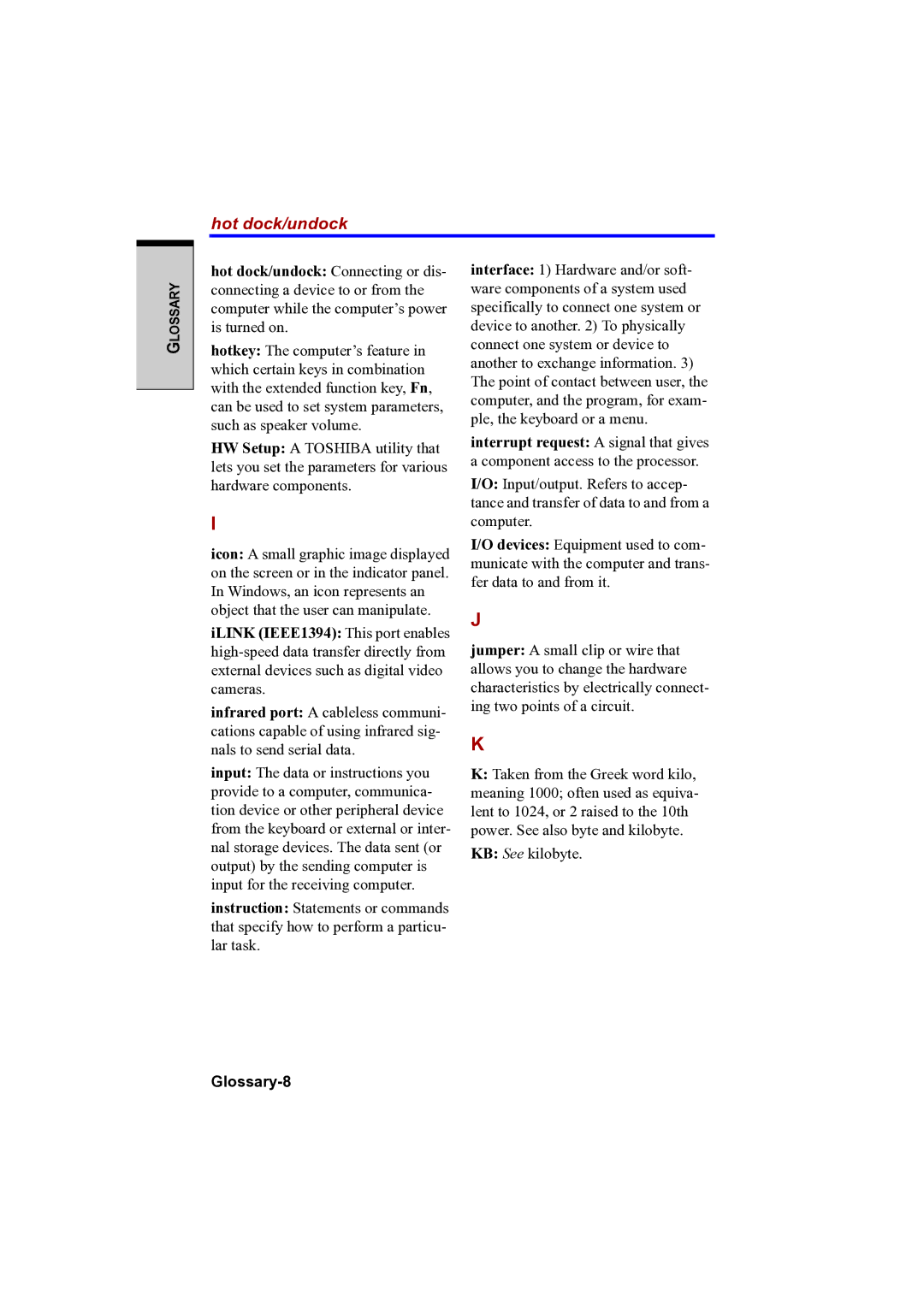 Toshiba PTA42 user manual Hot dock/undock, Glossary-8 