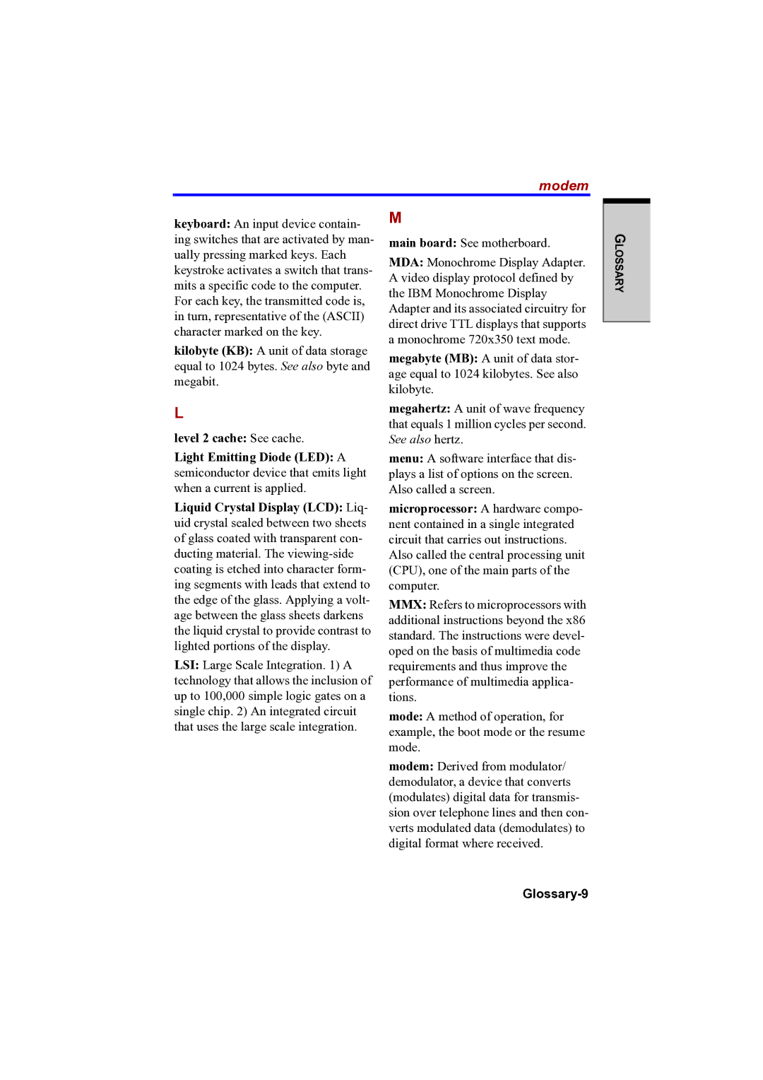 Toshiba PTA42 user manual Modem, Glossary-9 