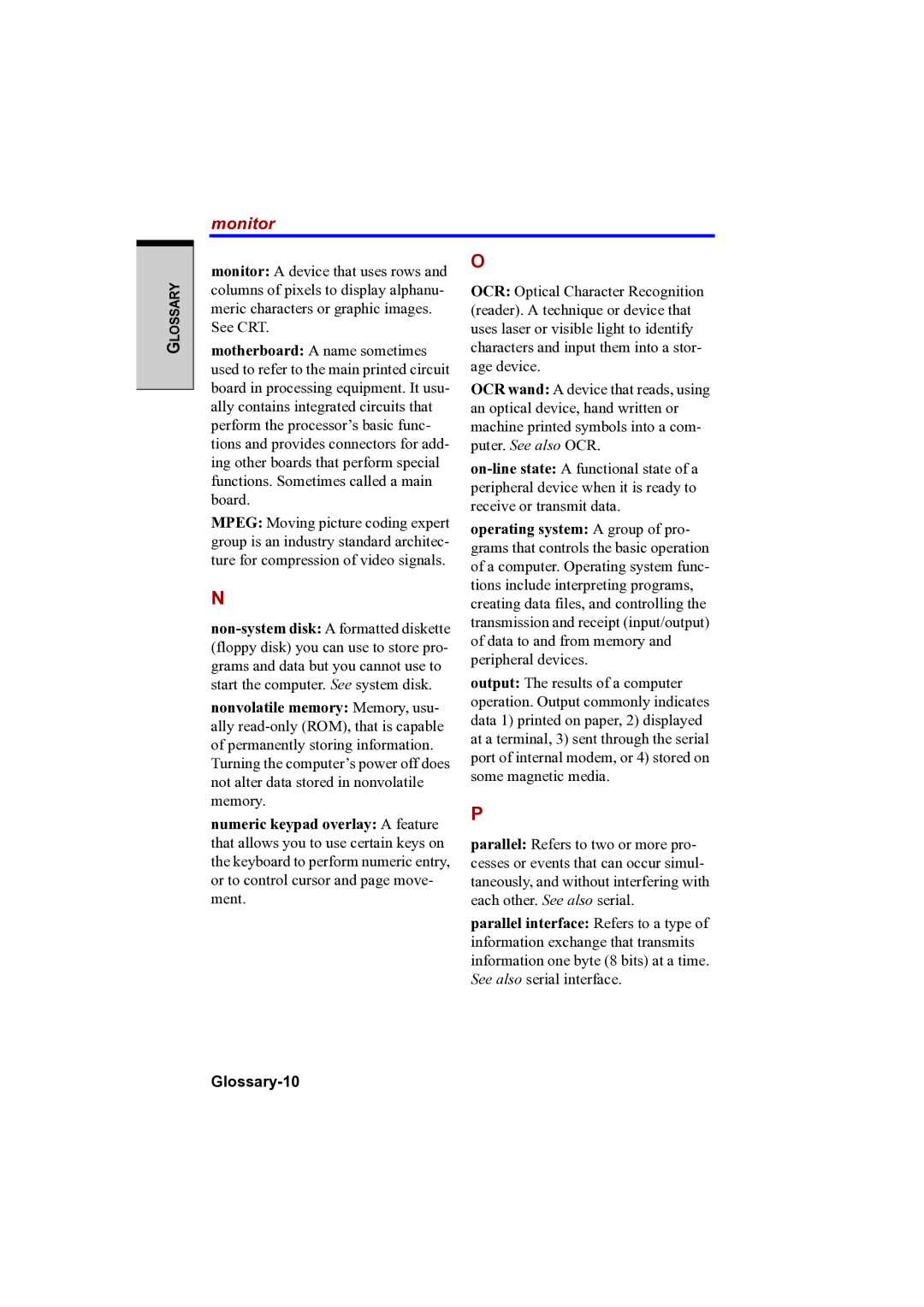 Toshiba PTA42 user manual Monitor, Glossary-10 