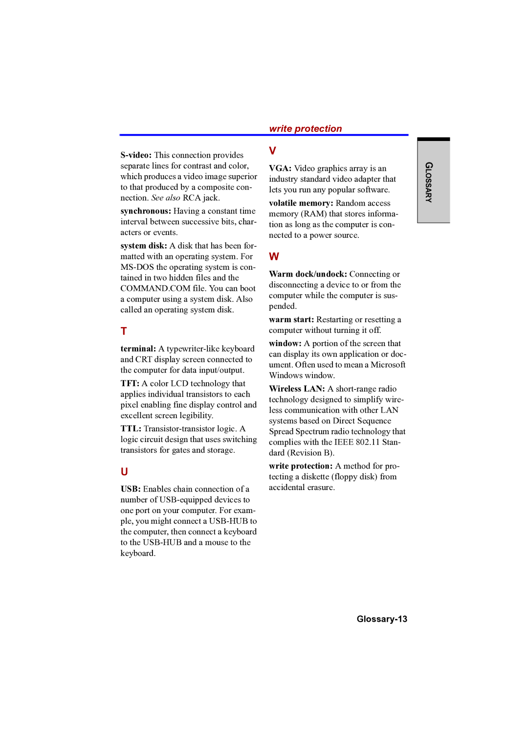 Toshiba PTA42 user manual Write protection, Glossary-13 