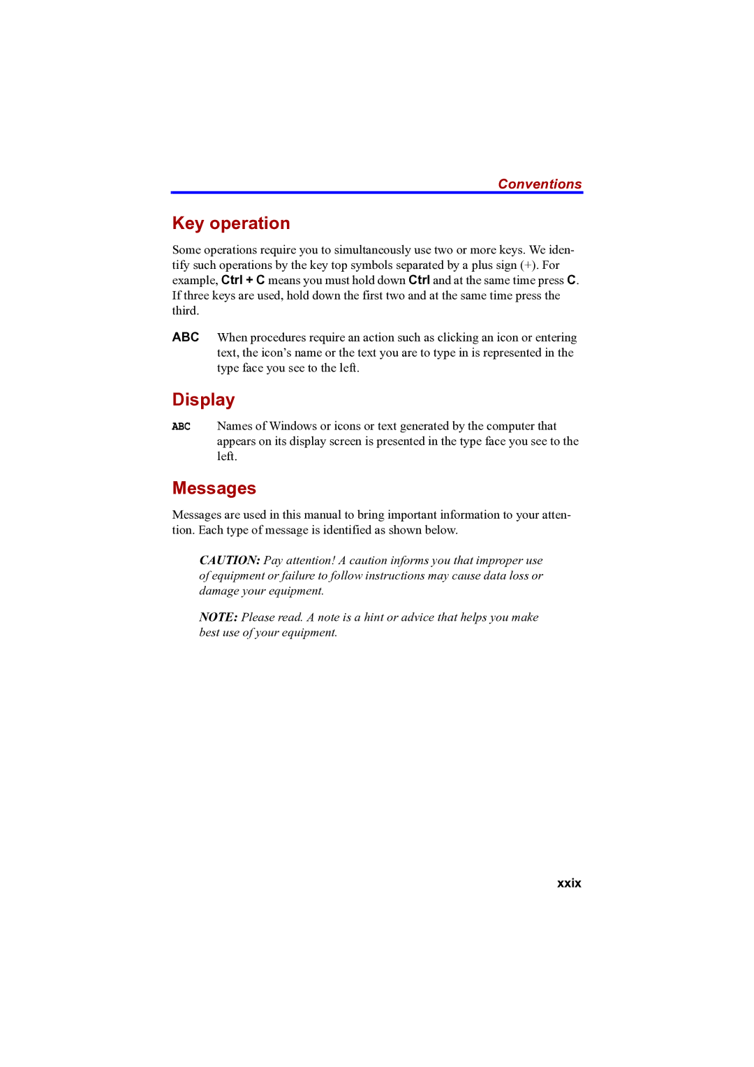 Toshiba PTA42 user manual Key operation, Display, Messages, Conventions, Xxix 